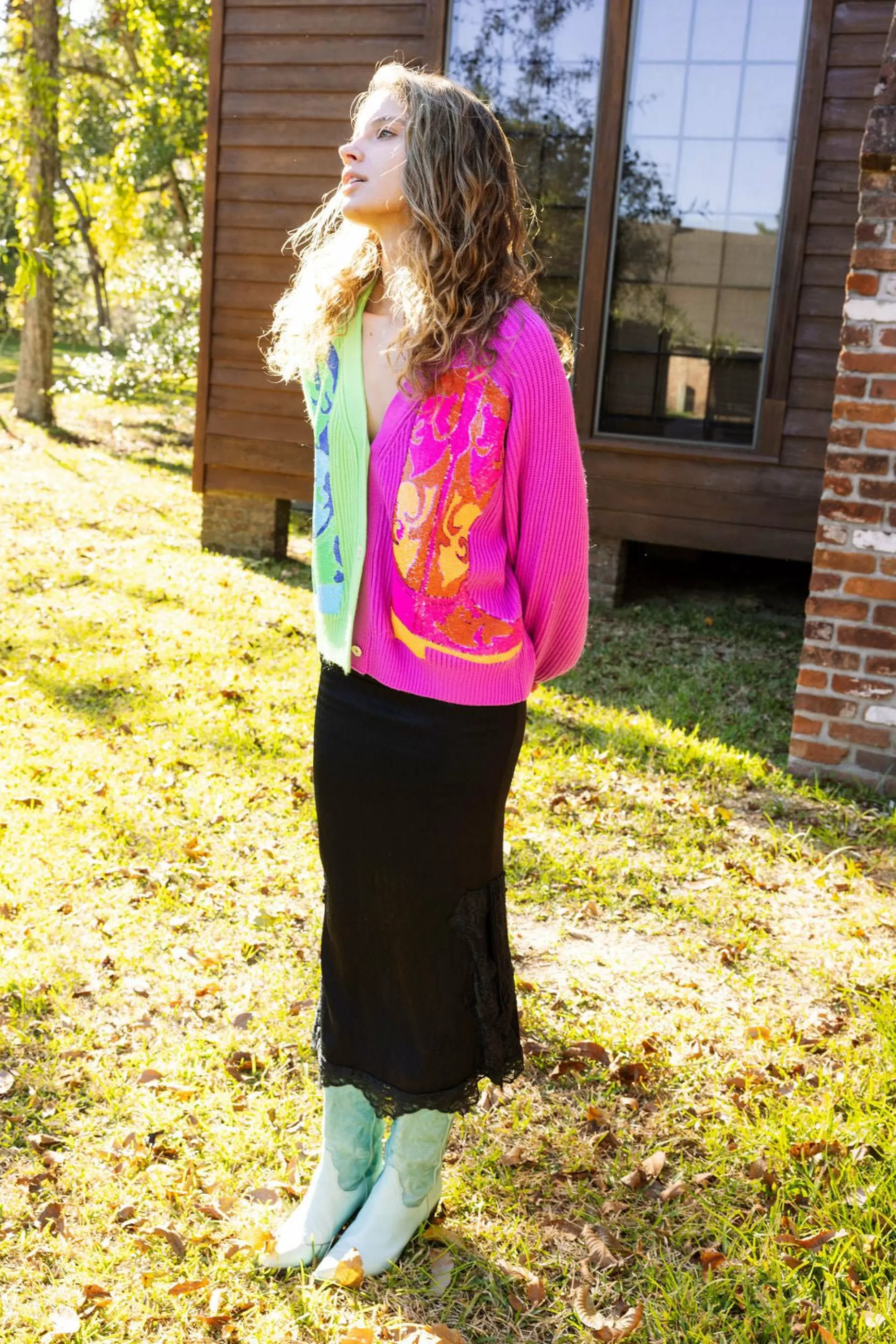 womens Queen Of Sparkles Green & Purple Colorblock Boot Cardigan