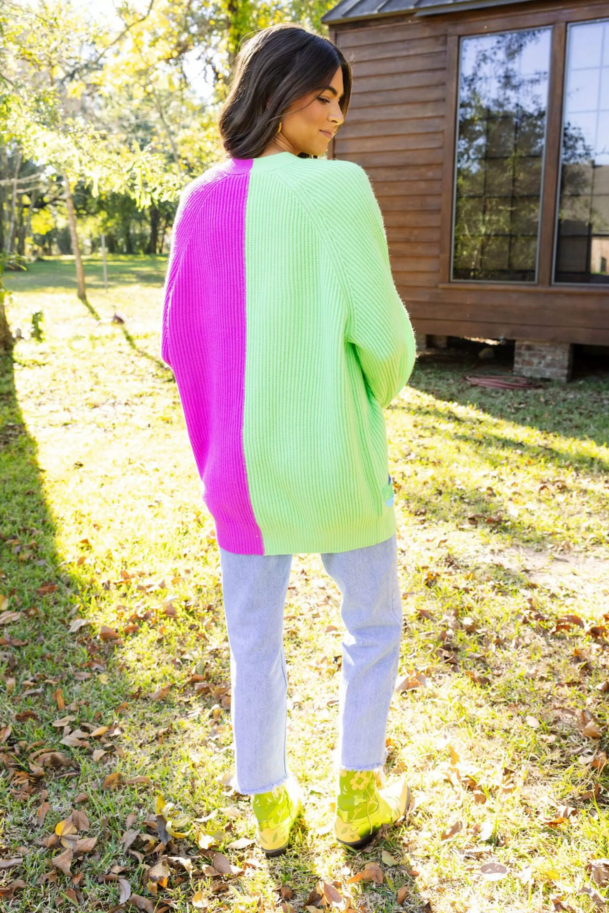 womens Queen Of Sparkles Green & Purple Colorblock Boot Full Length Cardigan