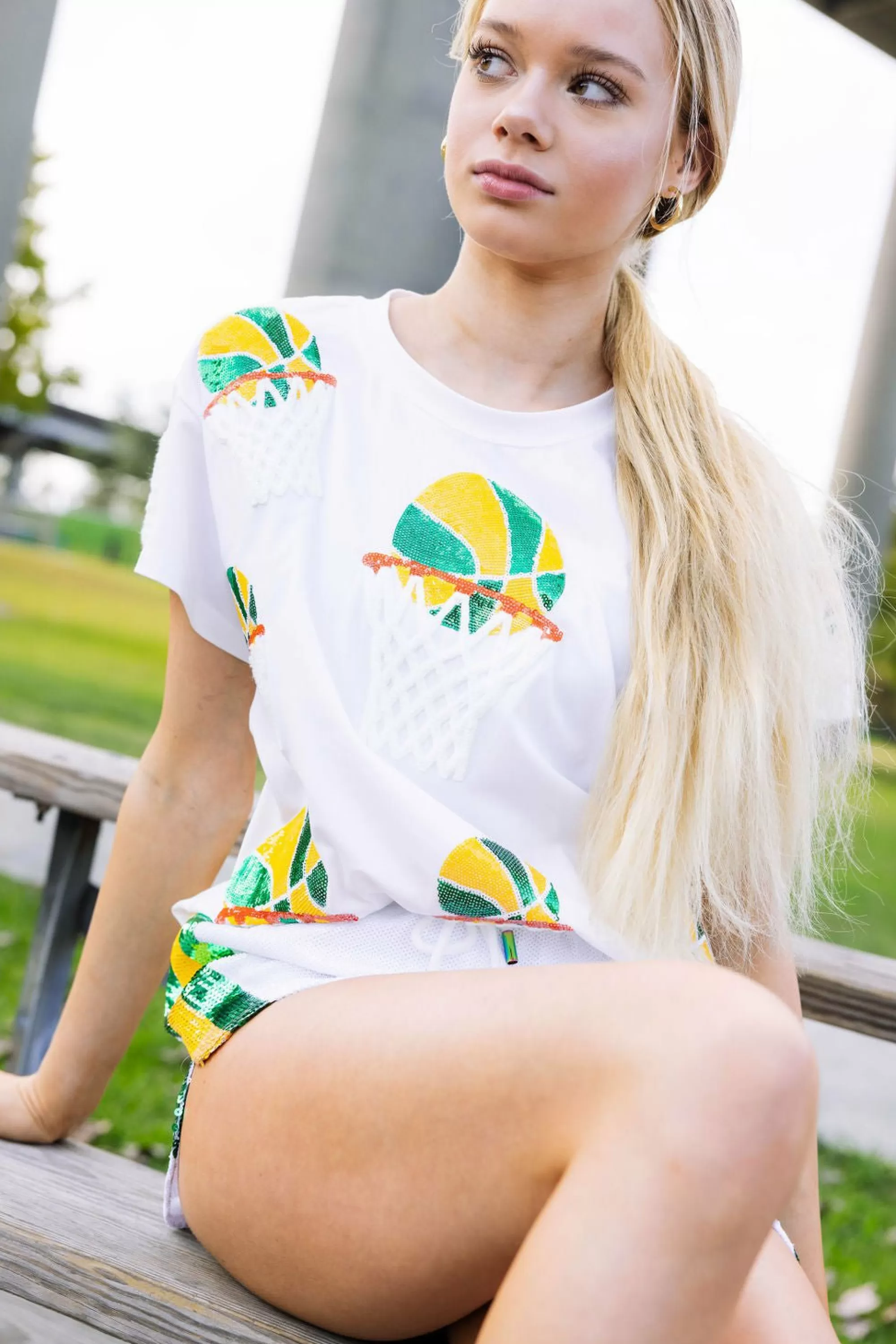womens Queen Of Sparkles Green & Yellow Basketball Hoop Tee