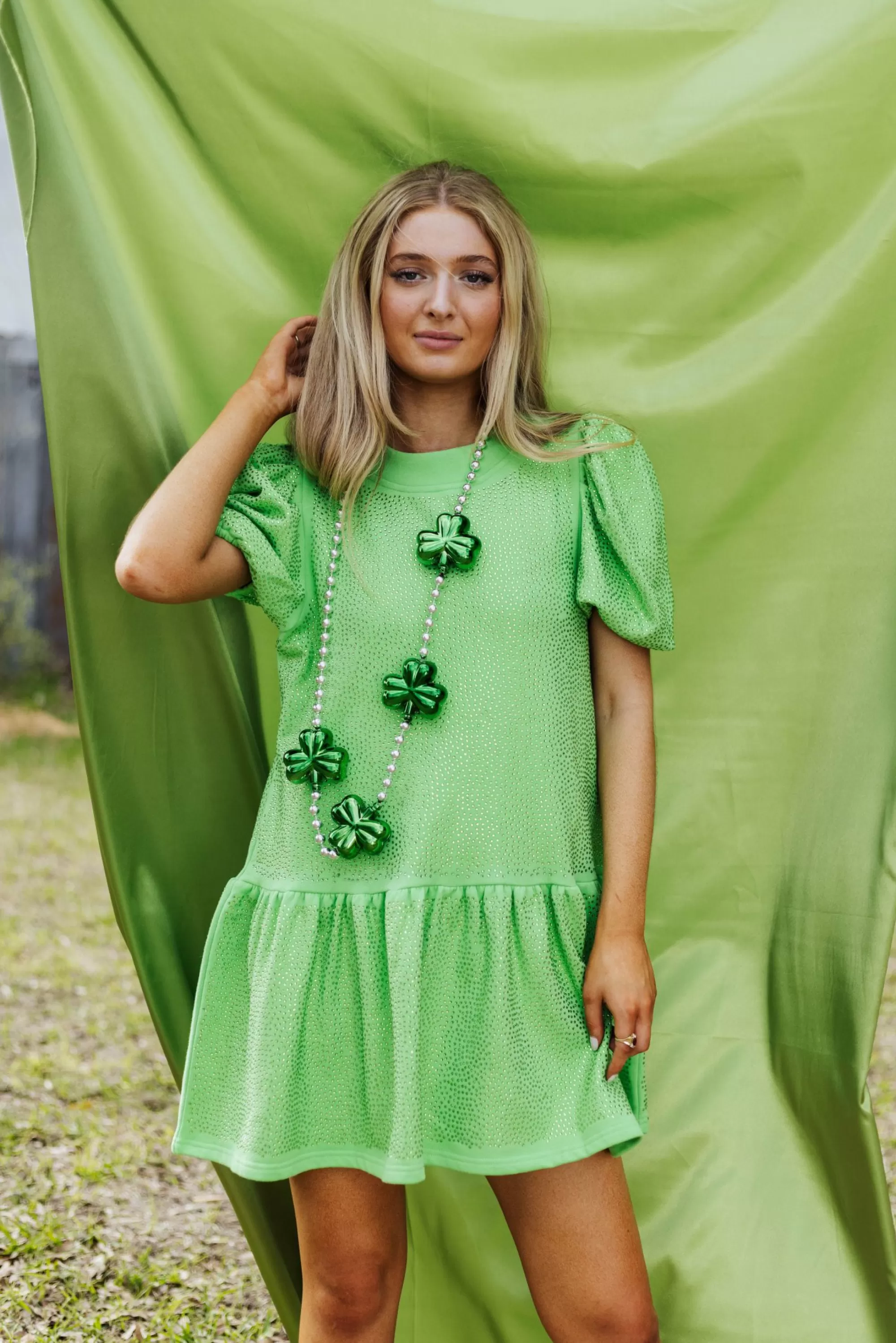 womens Queen Of Sparkles Green Full Rhinestone Baby Doll Dress