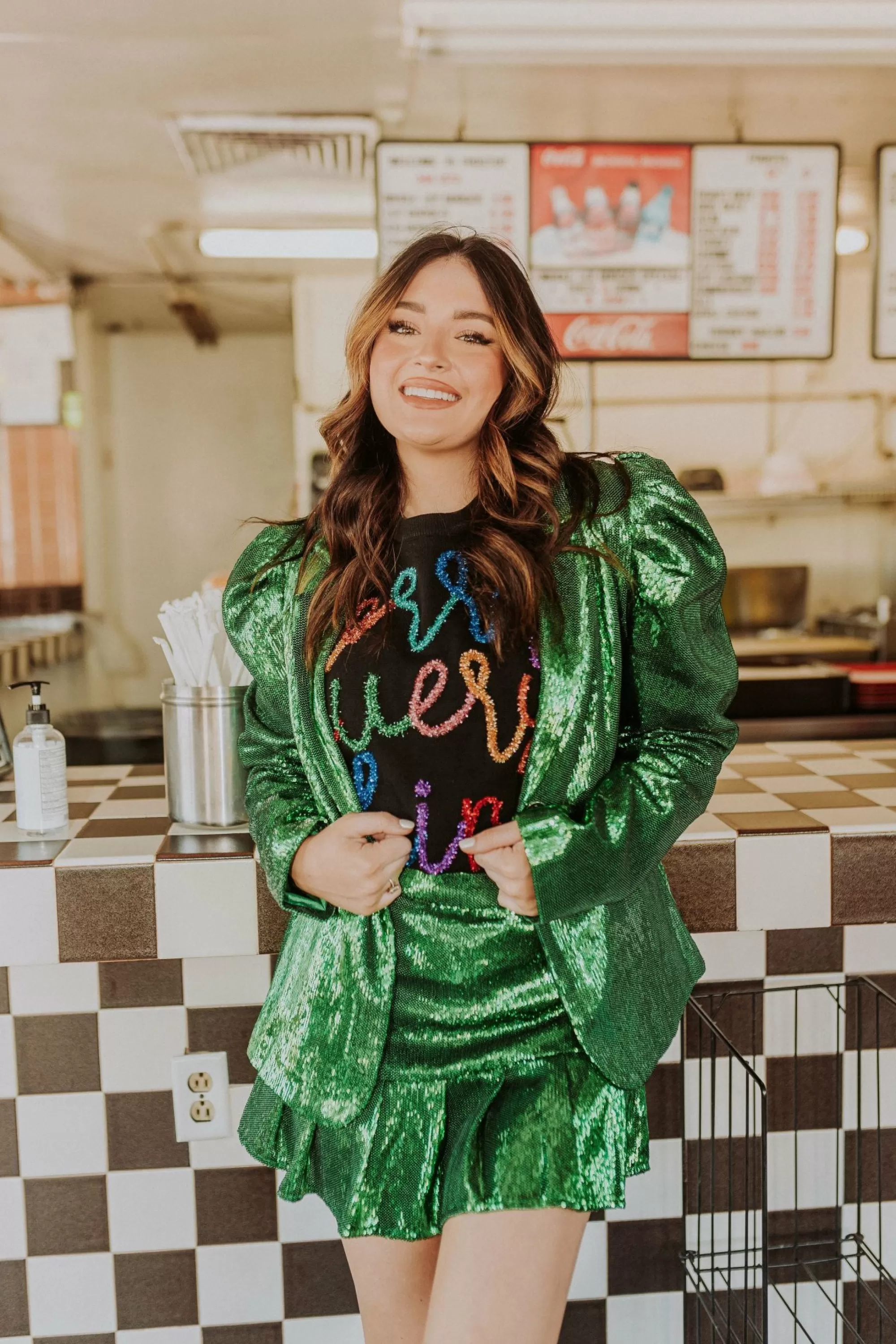 womens Queen Of Sparkles Green Poof Sleeve Sequin Blazer