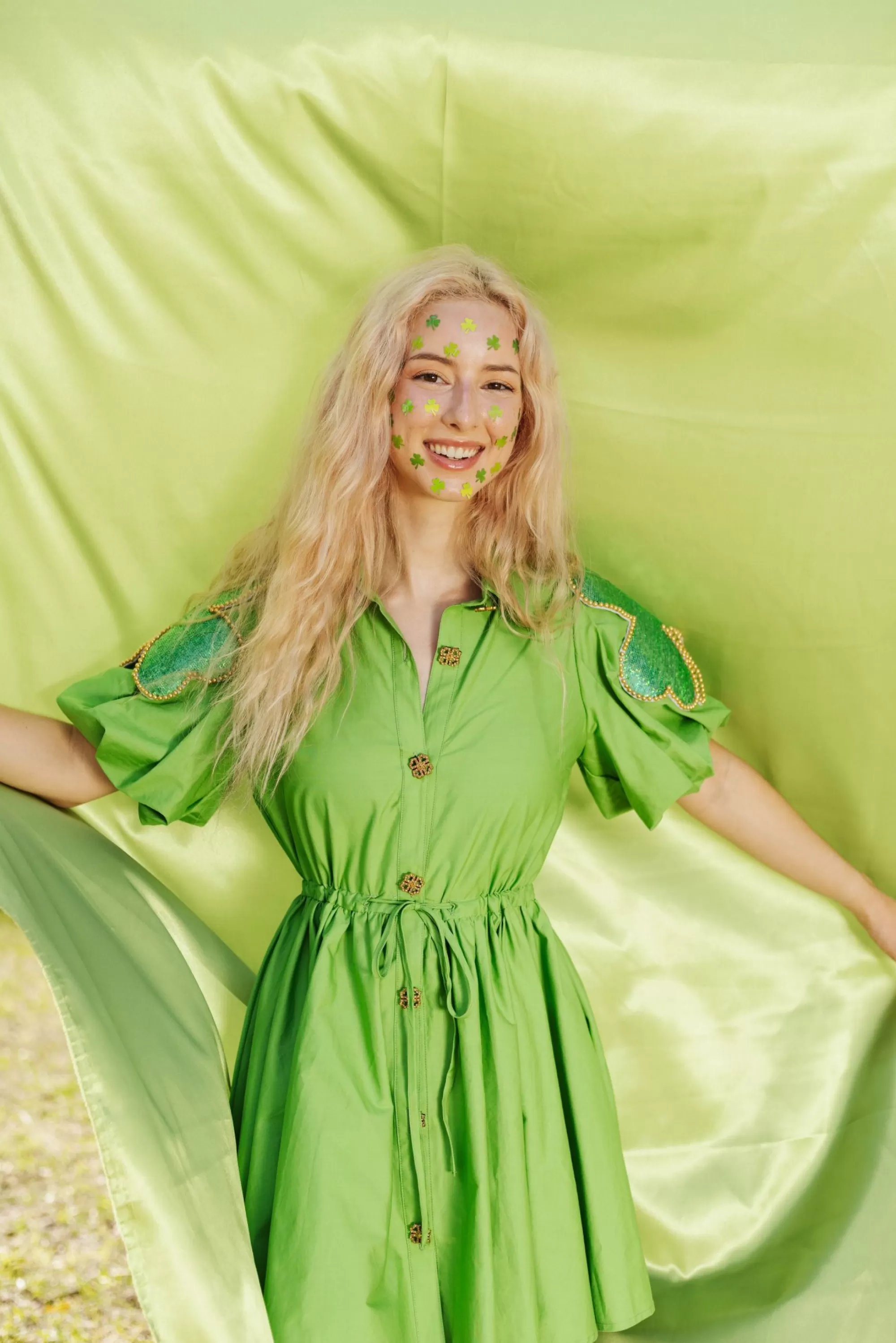 womens Queen Of Sparkles Green Shamrock Poof Sleeve Dress