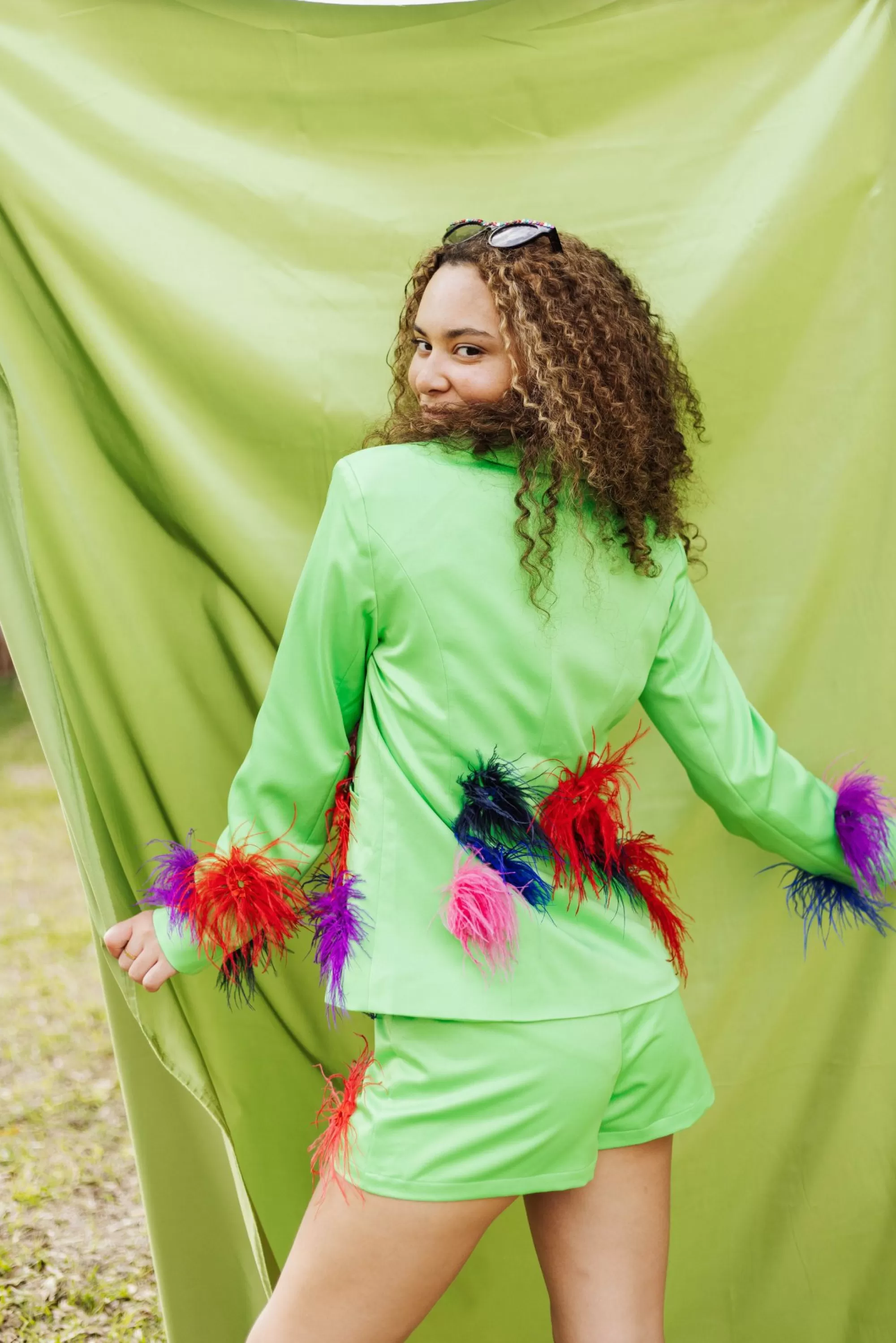 womens Queen Of Sparkles Green Silk Feather Blazer