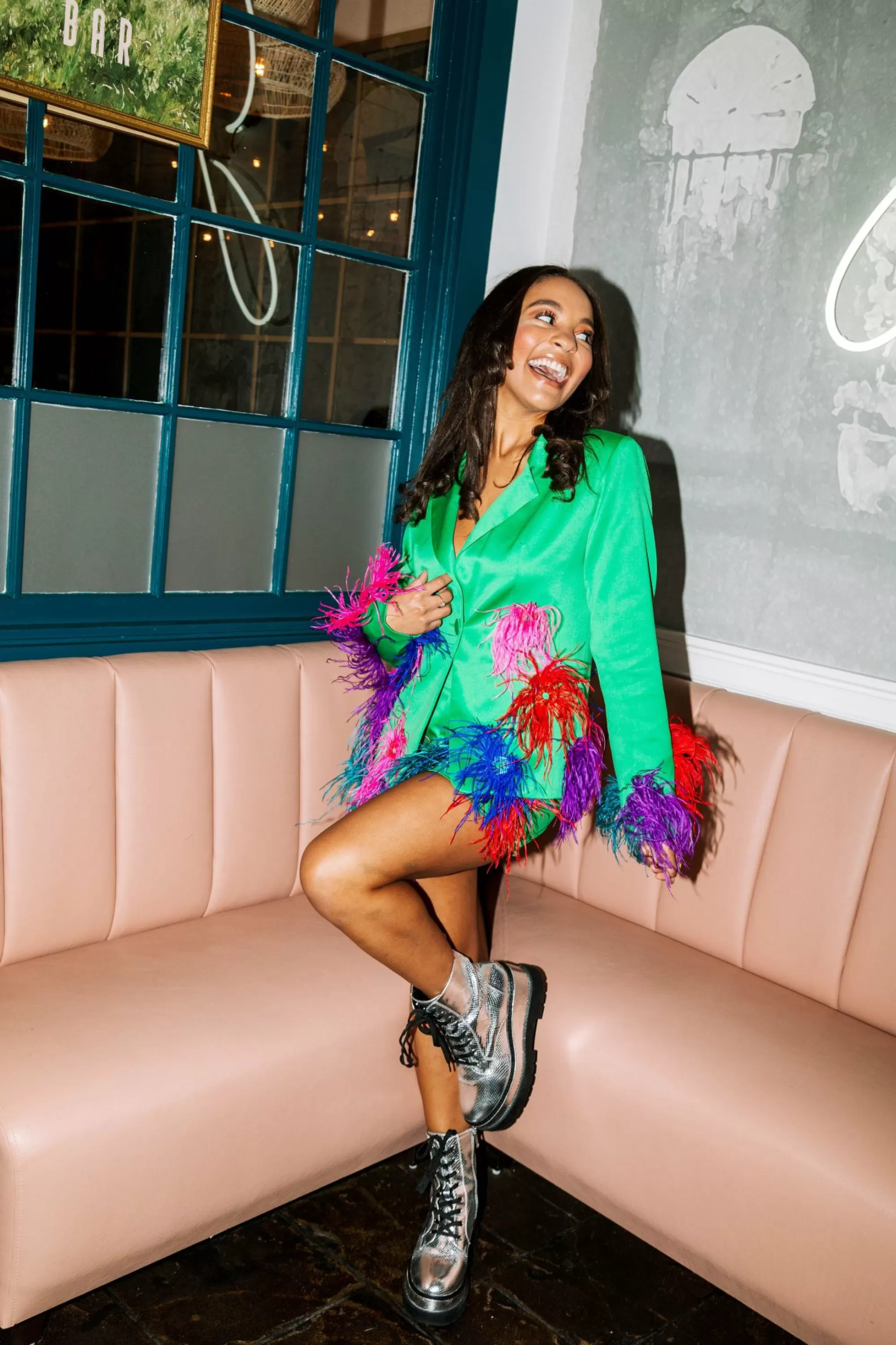 womens Queen Of Sparkles Green Silk Feather Blazer