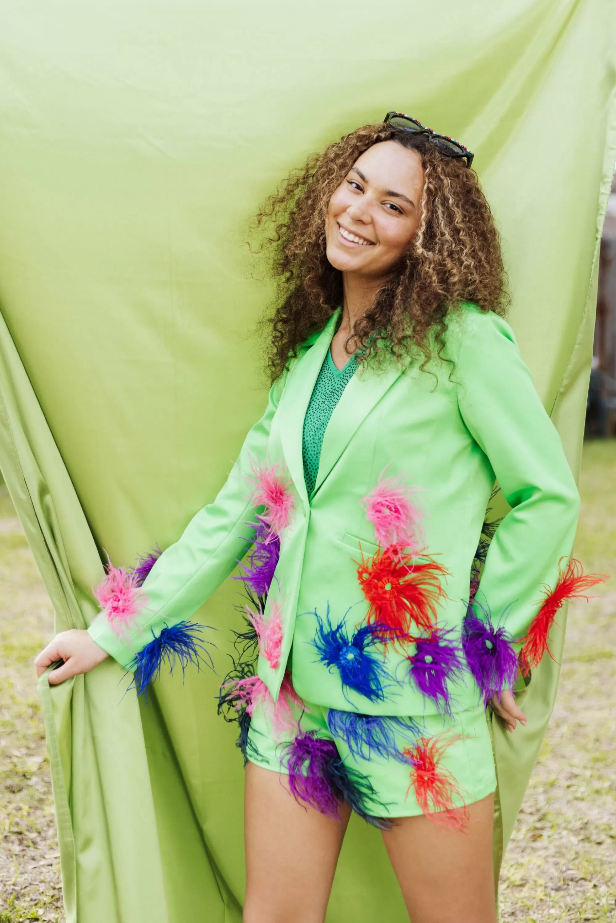 womens Queen Of Sparkles Green Silk Feather Short