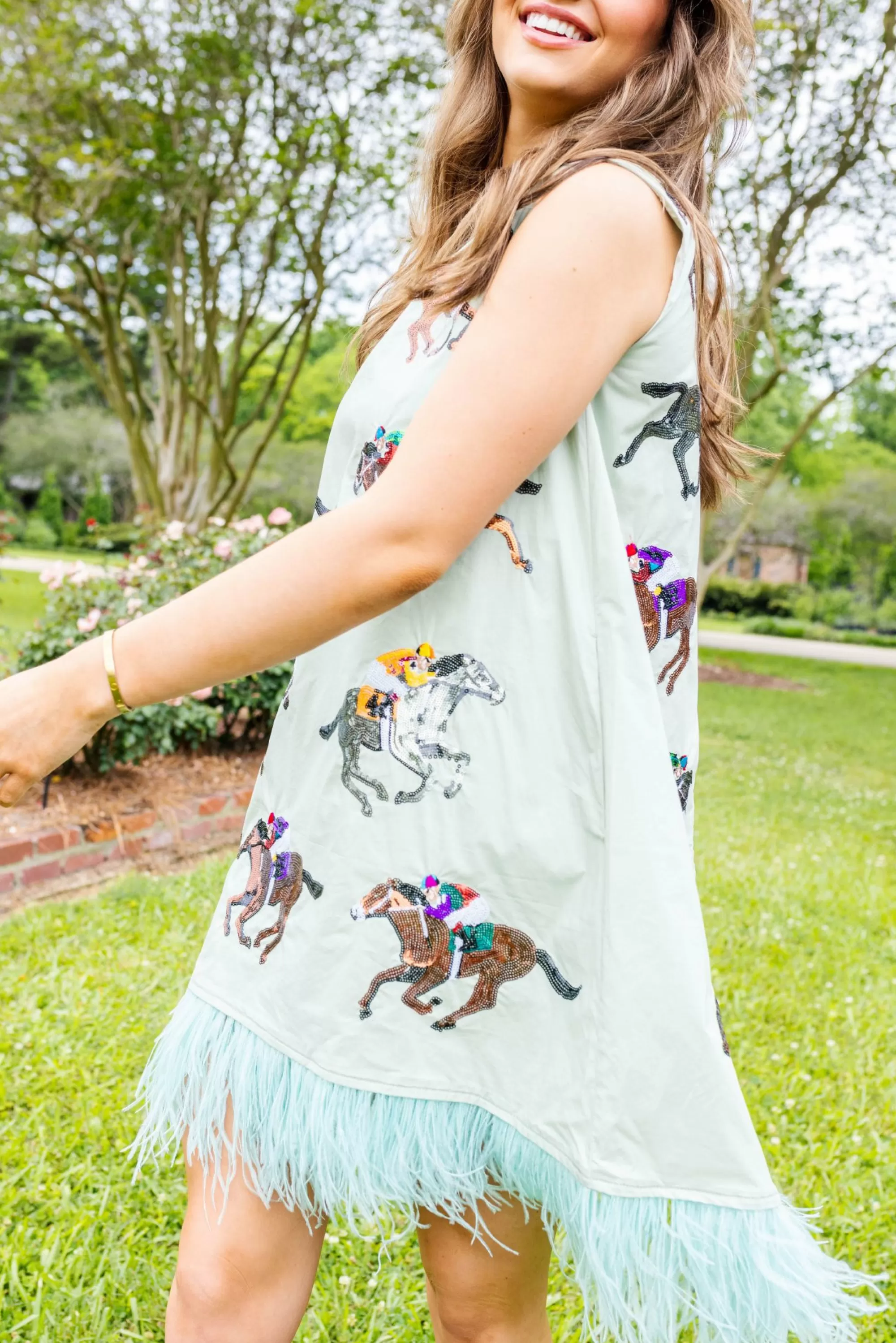 womens Queen Of Sparkles Horse & Jockey Feather Botton Dress