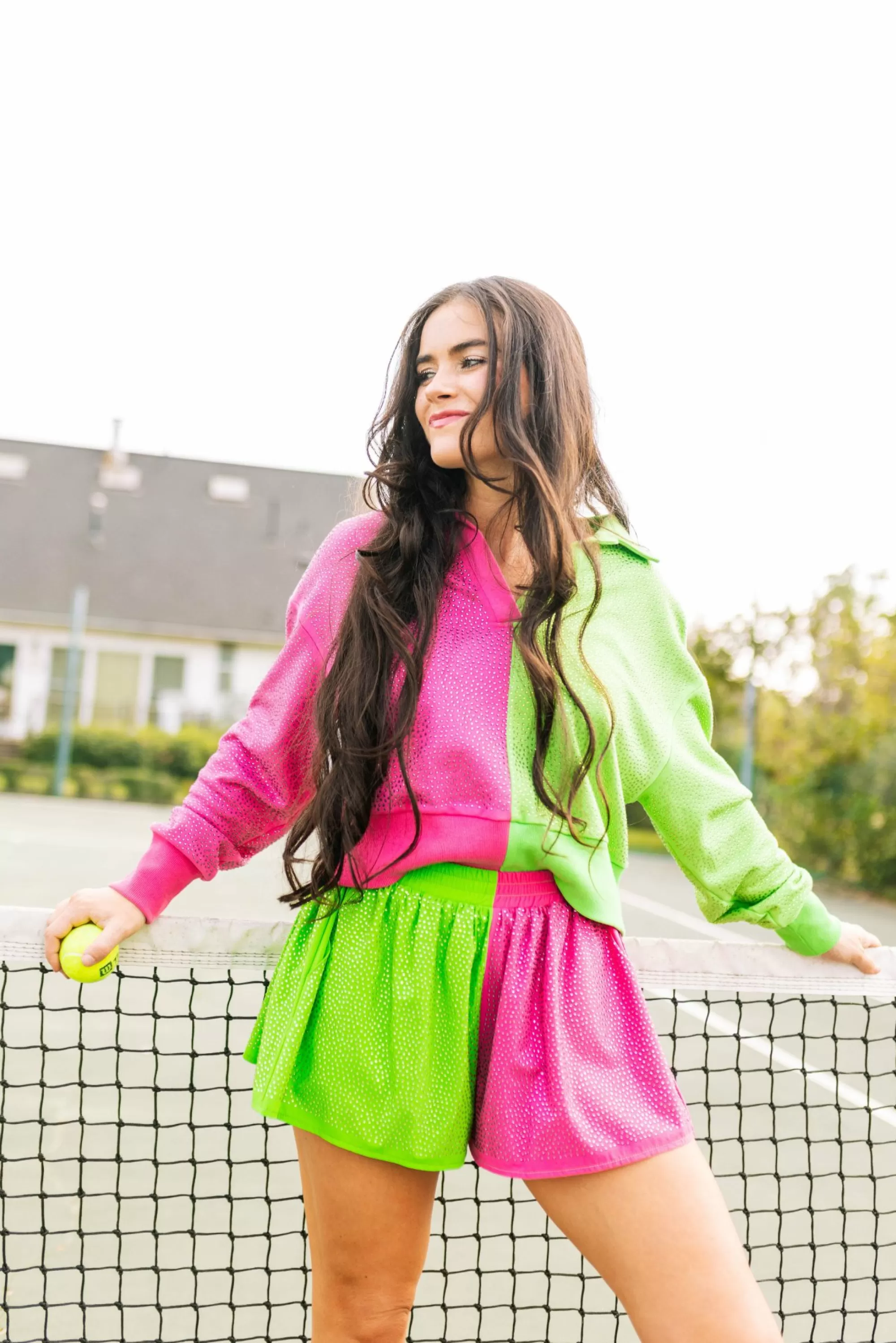 womens Queen Of Sparkles Hot Pink & Apple Green Rhinestone Polo Sweatshirt
