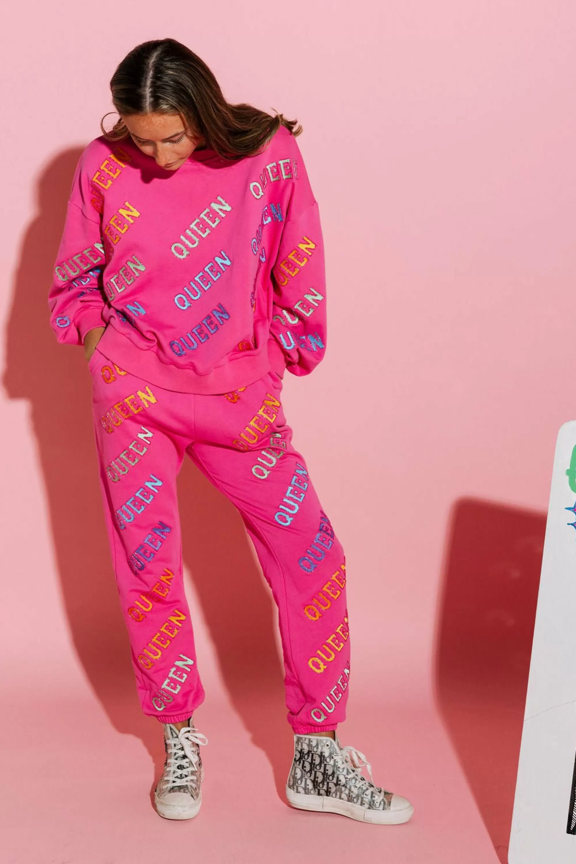 womens Queen Of Sparkles Hot Pink & Rainbow Queen All Over Joggers