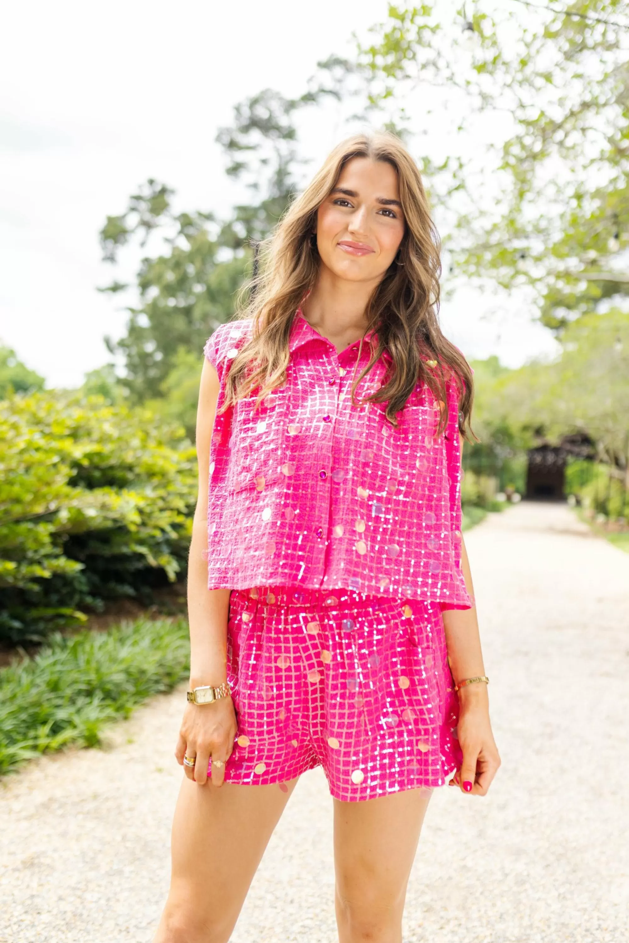 womens Queen Of Sparkles Hot Pink Checker Pailette Short