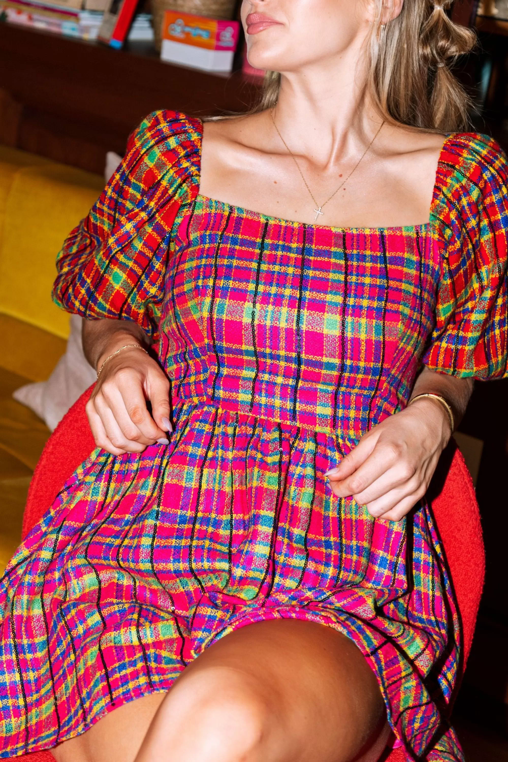 womens Queen Of Sparkles Hot Pink Plaid Poof Sleeve Dress