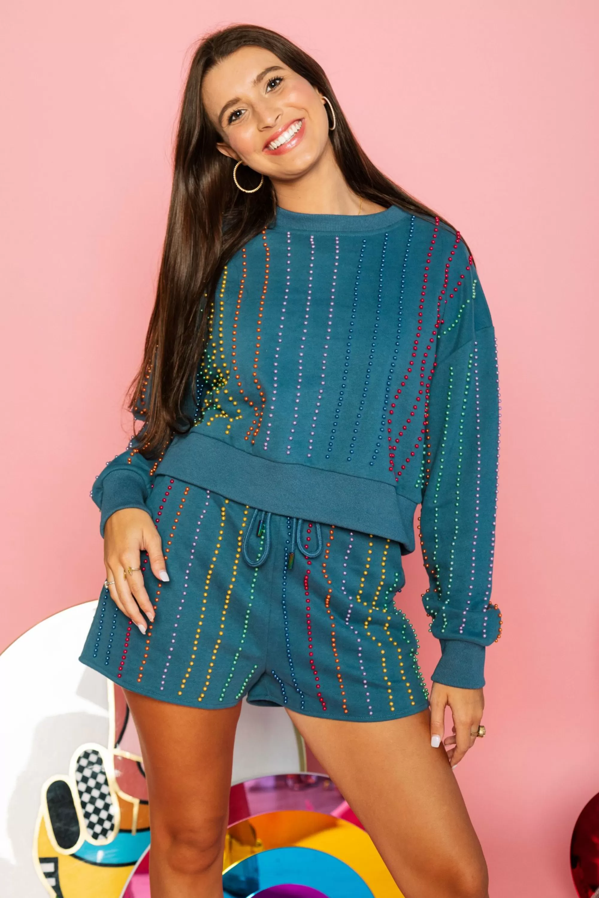 womens Queen Of Sparkles Indigo & Rainbow Pearl Stripe Short