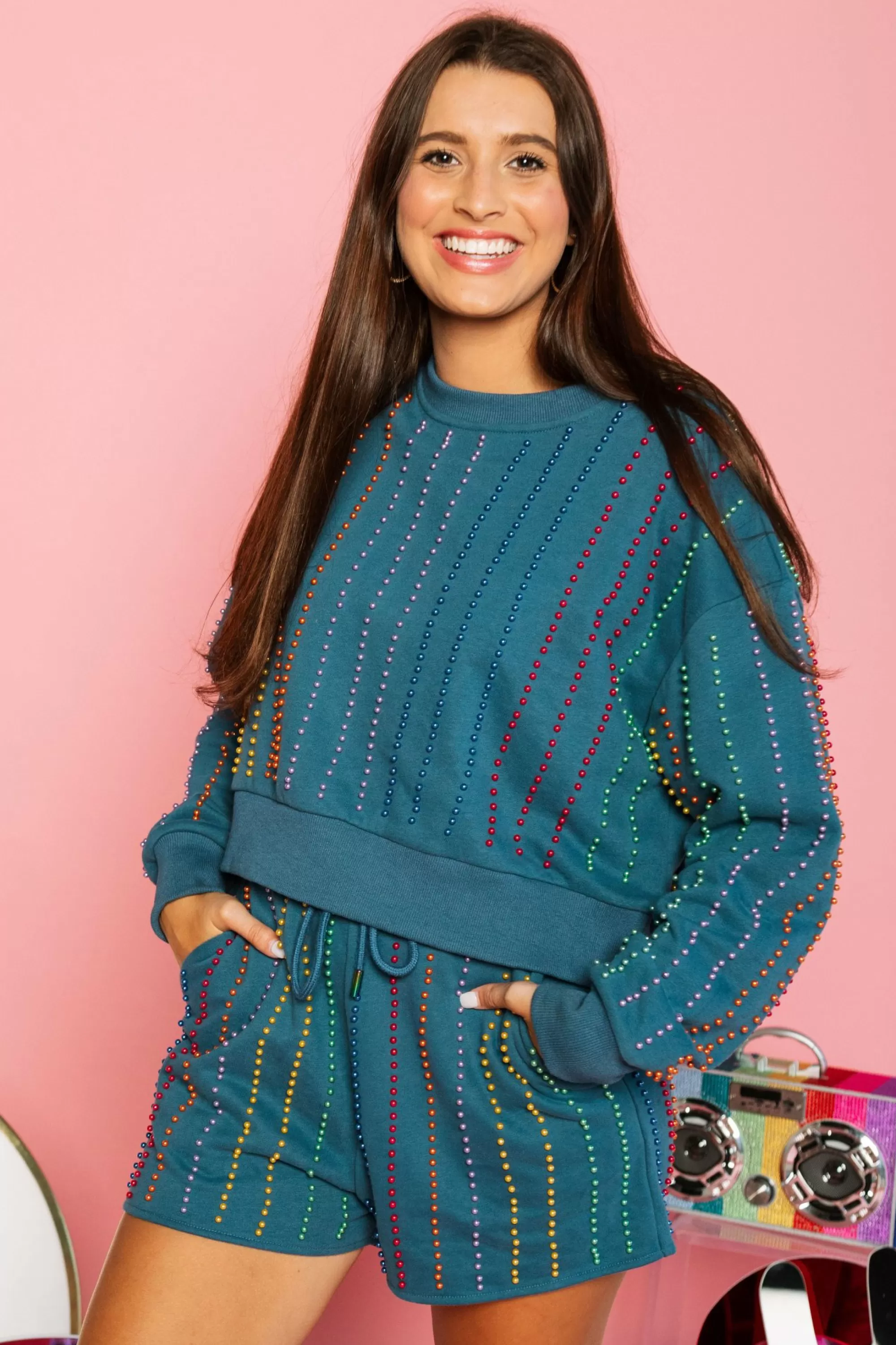 womens Queen Of Sparkles Indigo & Rainbow Pearl Stripe Sweatshirt