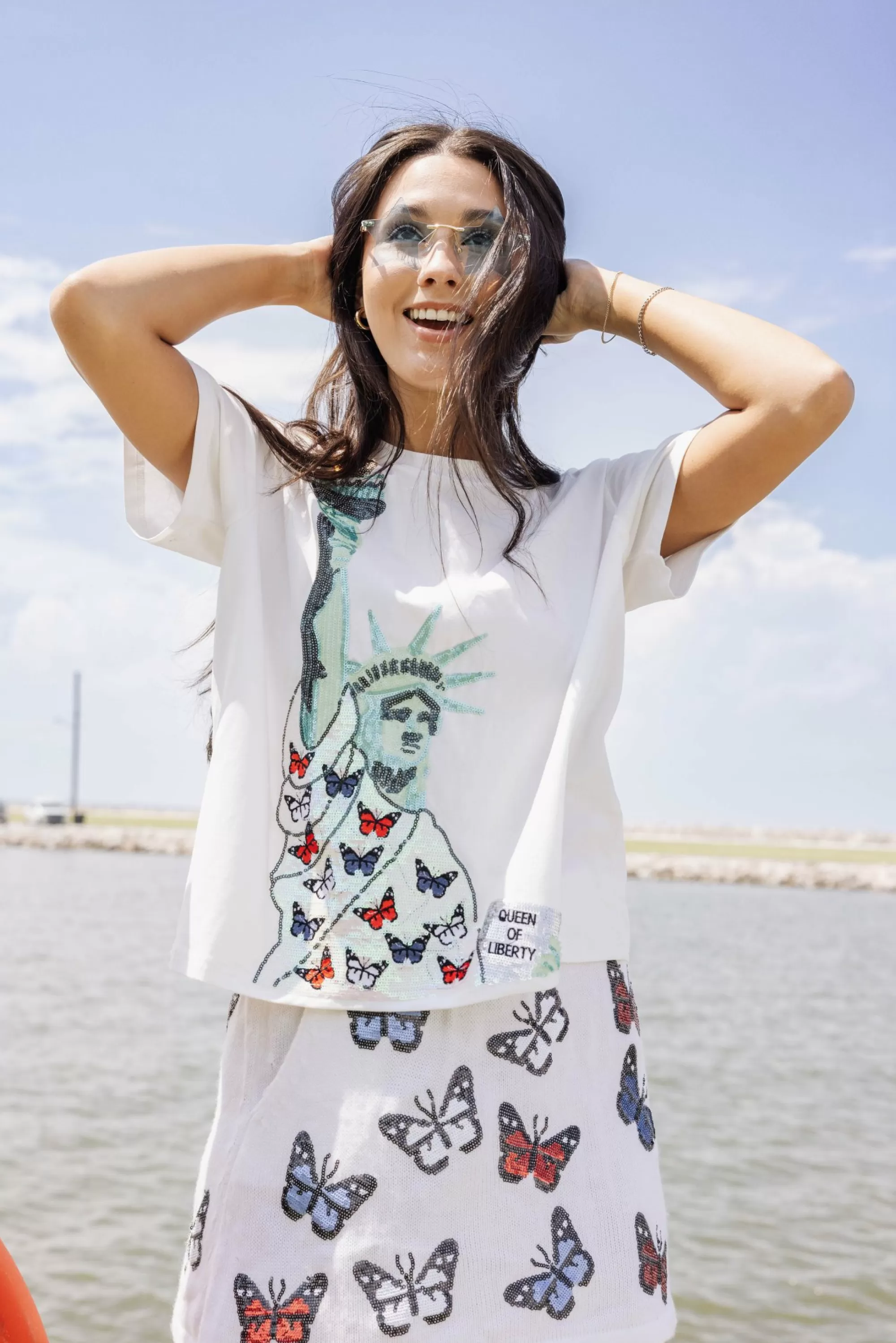 womens Queen Of Sparkles Lady Liberty Butterfly Tee