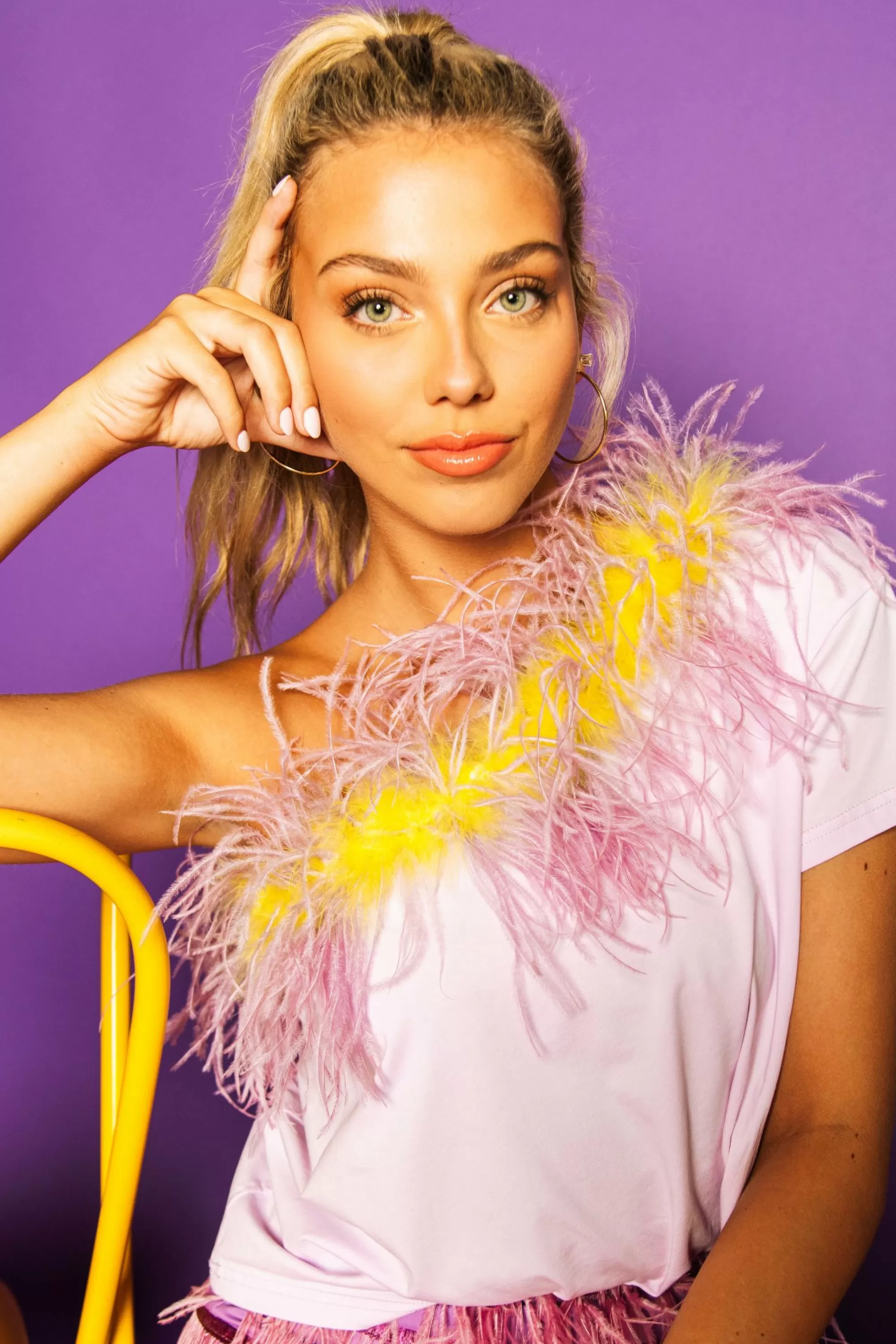 womens Queen Of Sparkles Lavender & Yellow One Shoulder Feather Tee