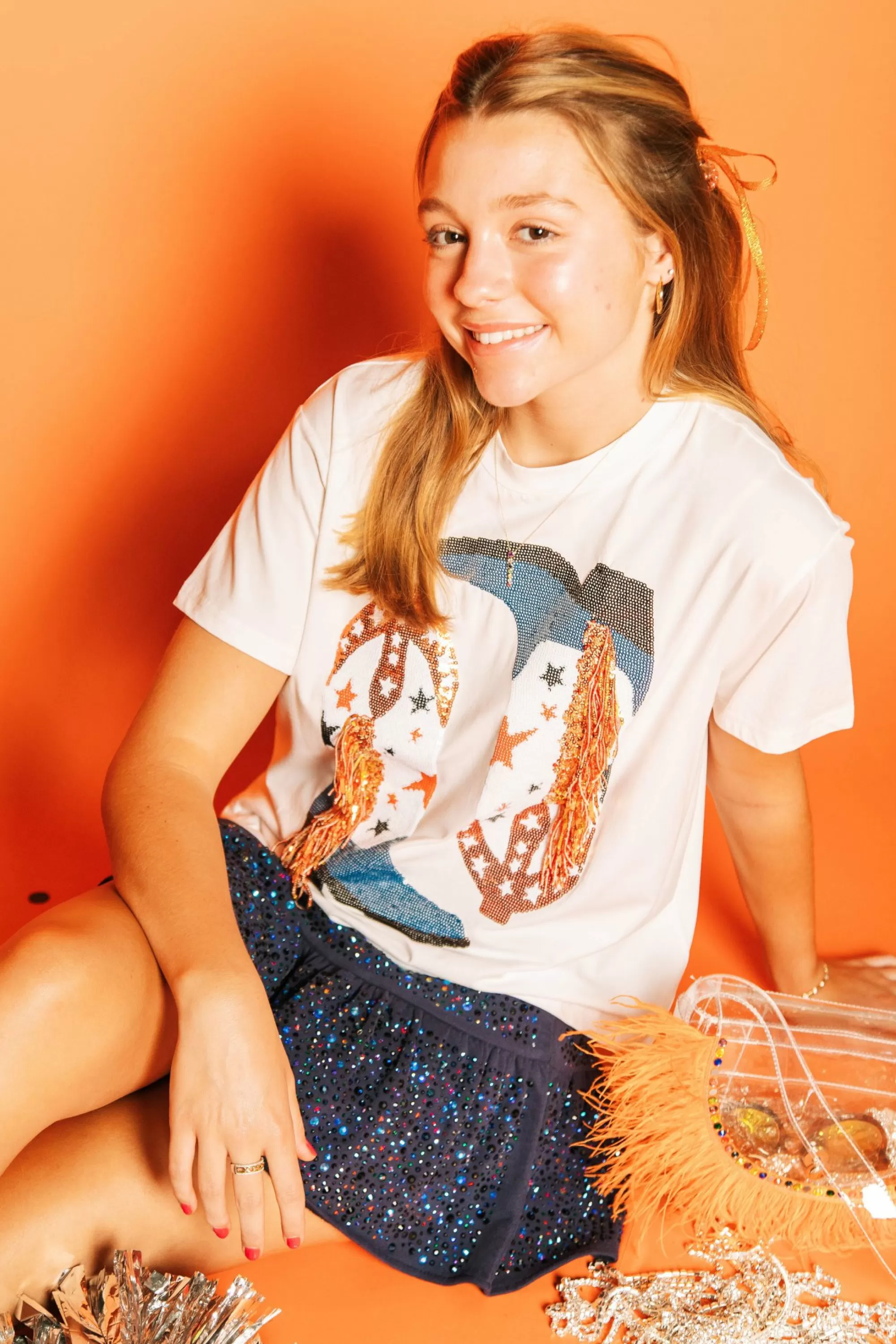 womens Queen Of Sparkles Navy & Orange Fringe Boot Tee
