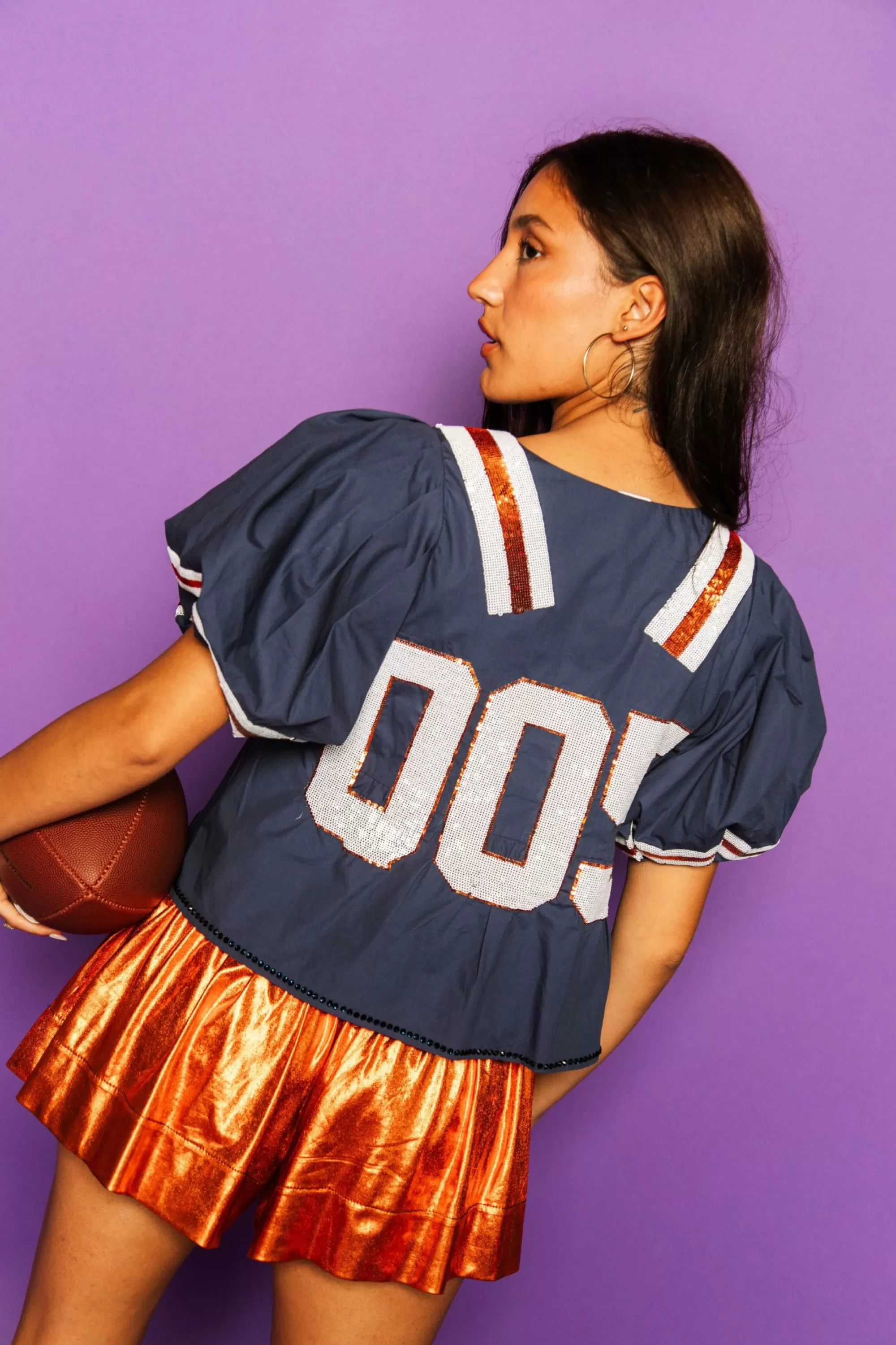 womens Queen Of Sparkles Navy & Orange Qos Jersey Peplum Top