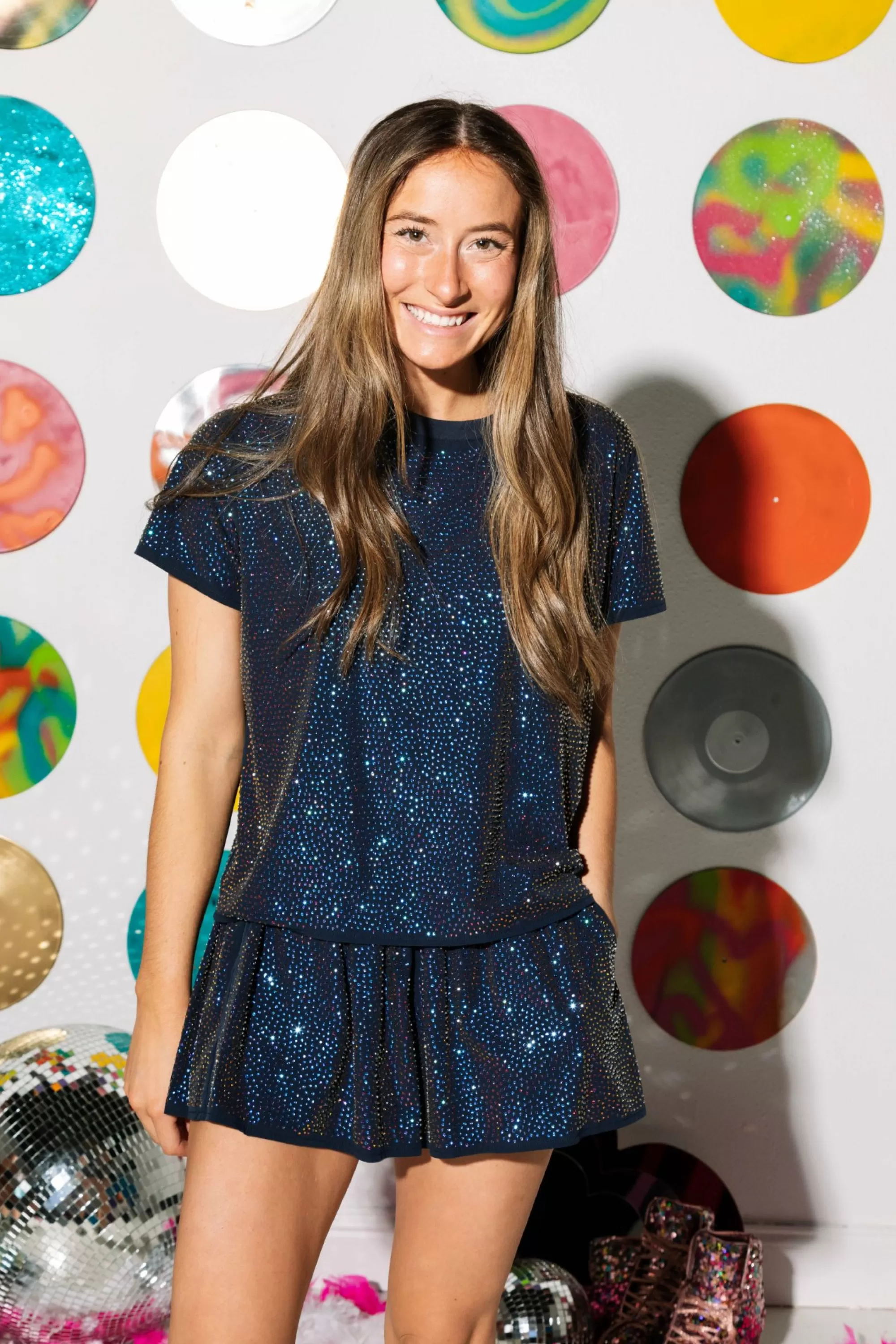 womens Queen Of Sparkles Navy Rainbow Active Rhinestone Top