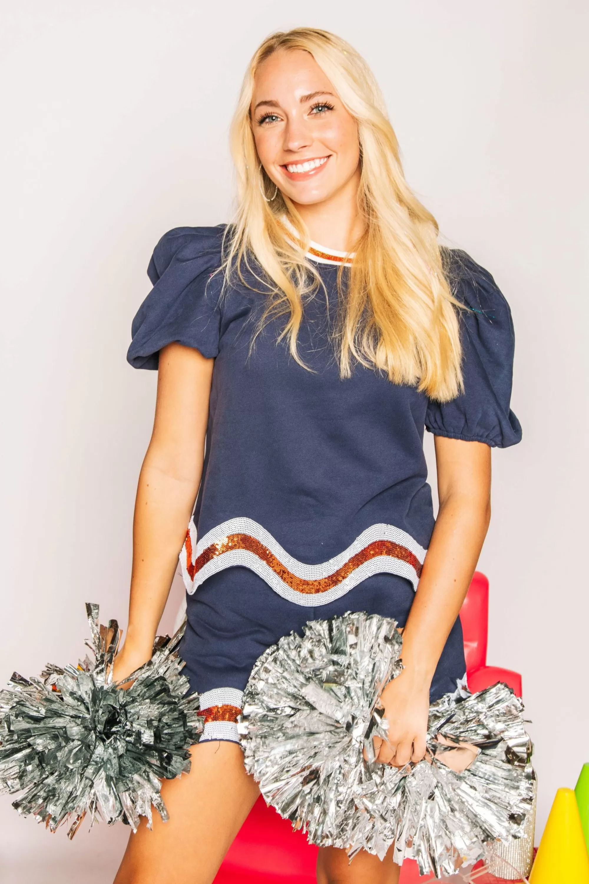 womens Queen Of Sparkles Navy, White/Orange Wavy Short