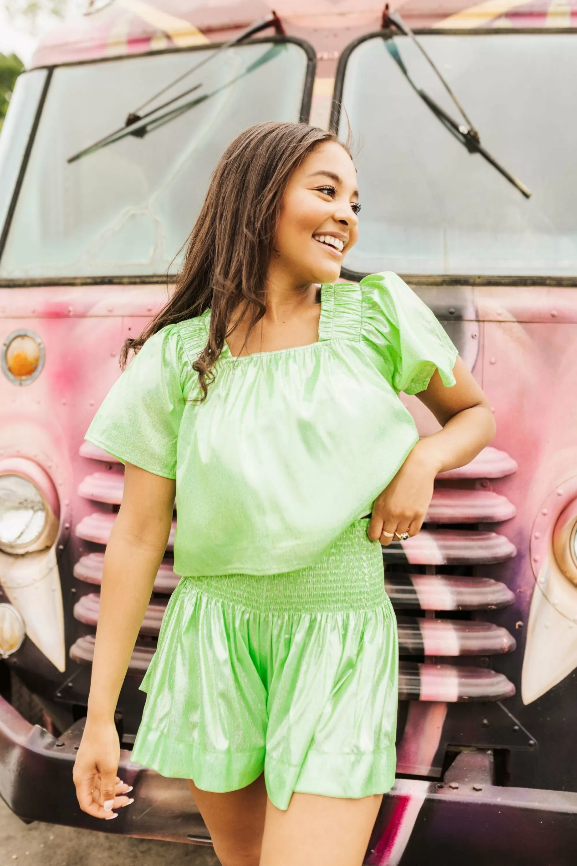womens Queen Of Sparkles Neon Green Holo Stripe Swing Shorts