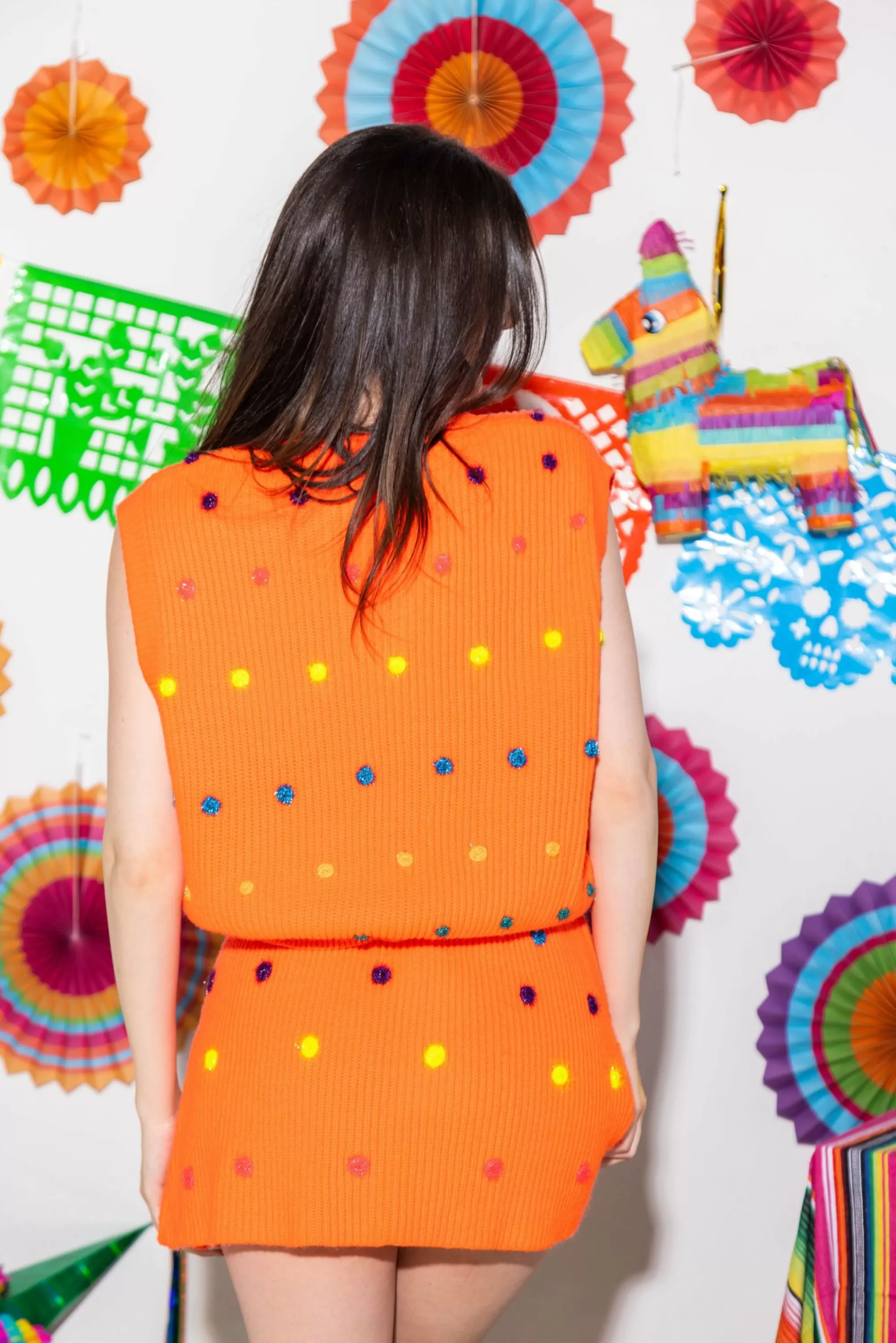 womens Queen Of Sparkles Neon Orange Polka Dot Sweater Tank