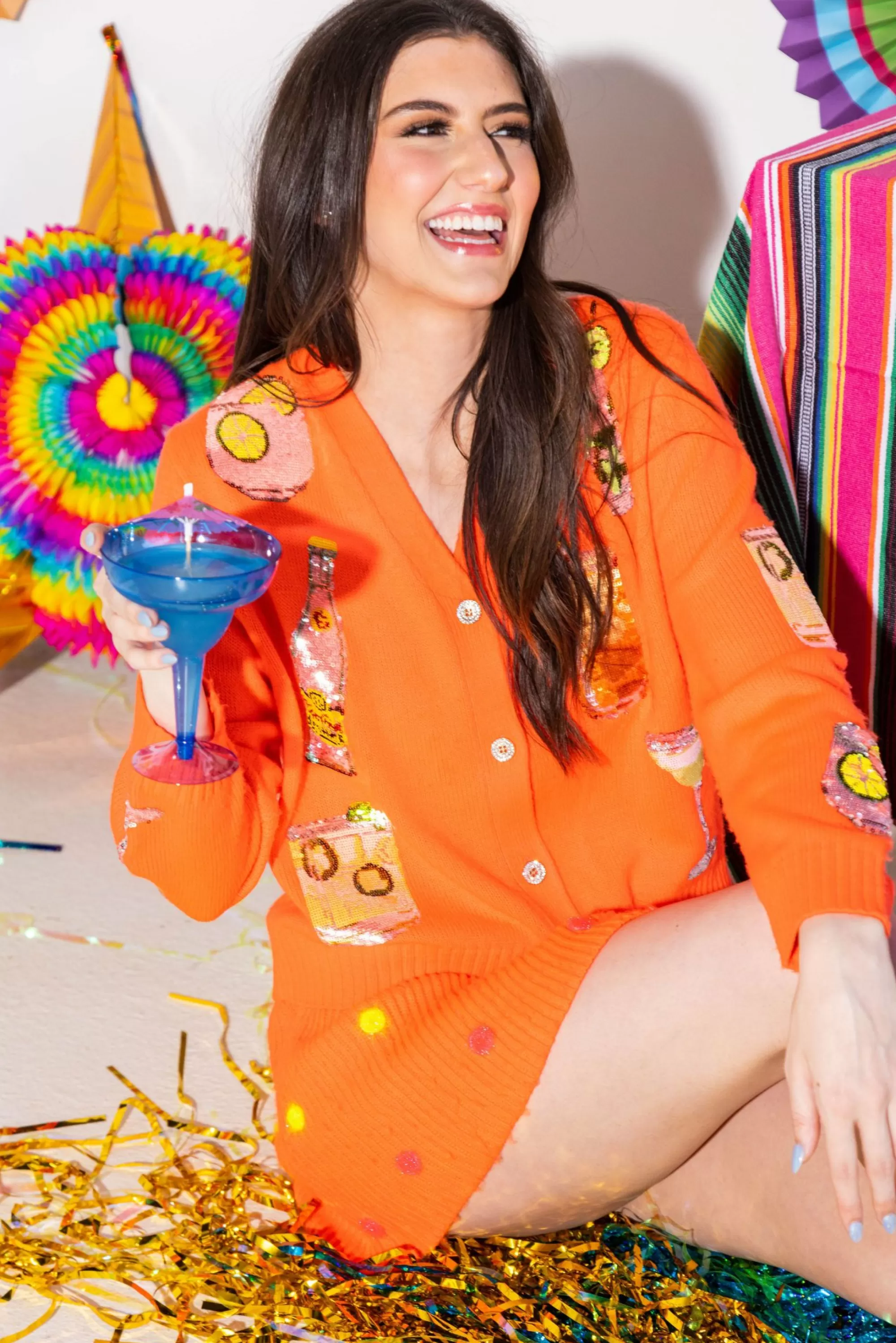 womens Queen Of Sparkles Neon Orange Tequila Drink Icon Cardigan