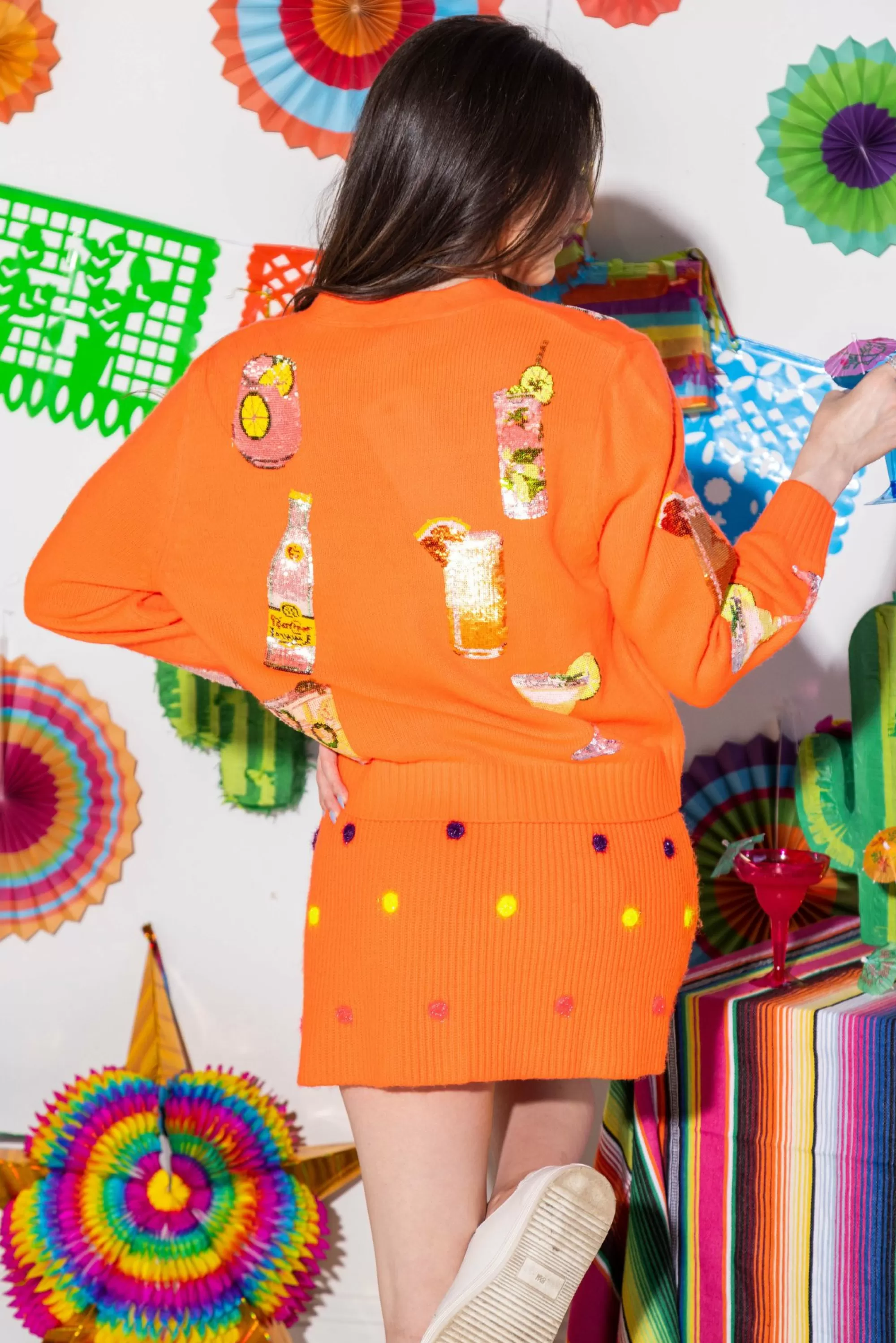 womens Queen Of Sparkles Neon Orange Tequila Drink Icon Cardigan