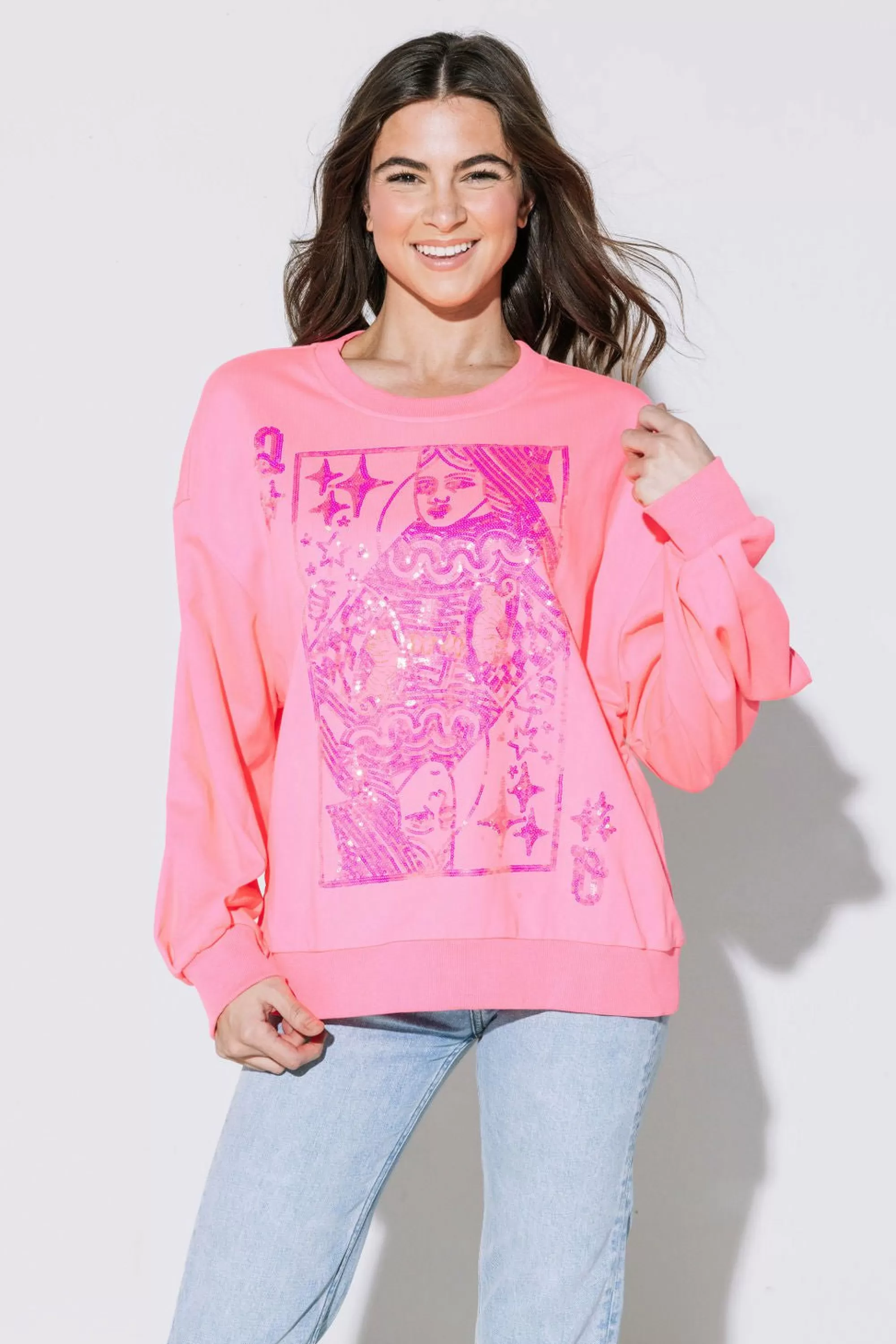 womens Queen Of Sparkles Neon Pink Qos Logo Card Sweatshirt