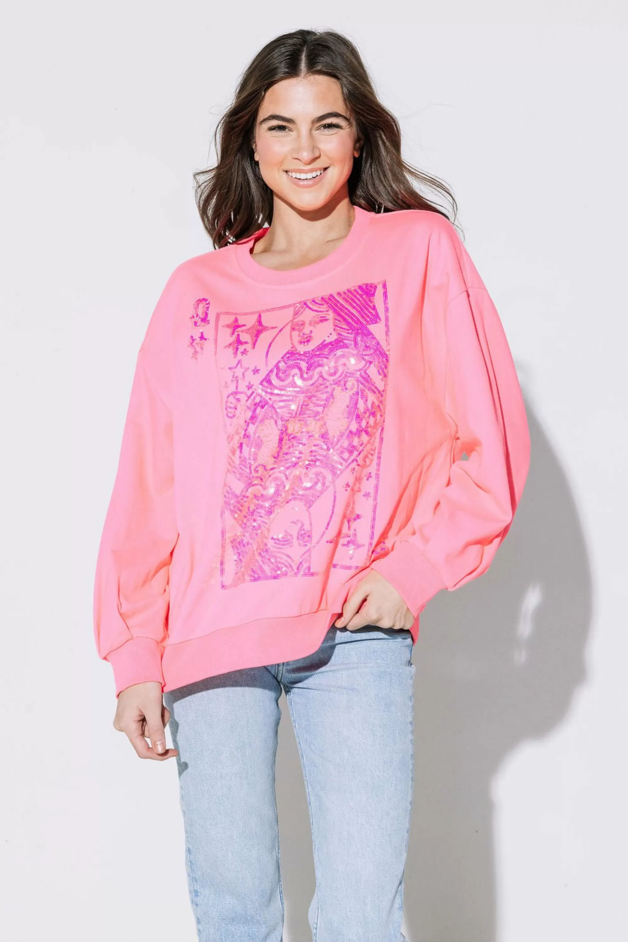 womens Queen Of Sparkles Neon Pink Qos Logo Card Sweatshirt