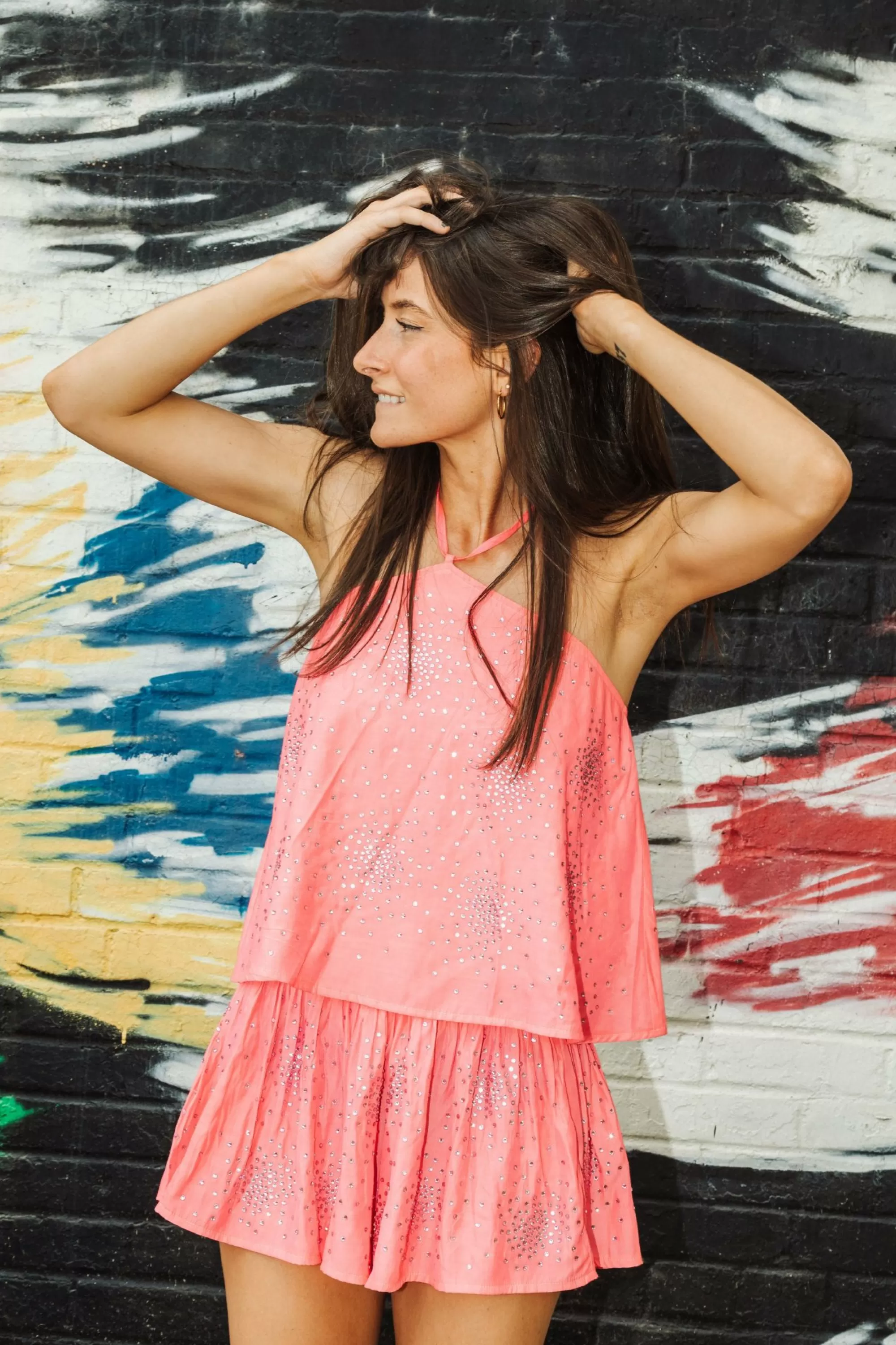 womens Queen Of Sparkles Neon Pink Rhinestone Cluster Swing Short