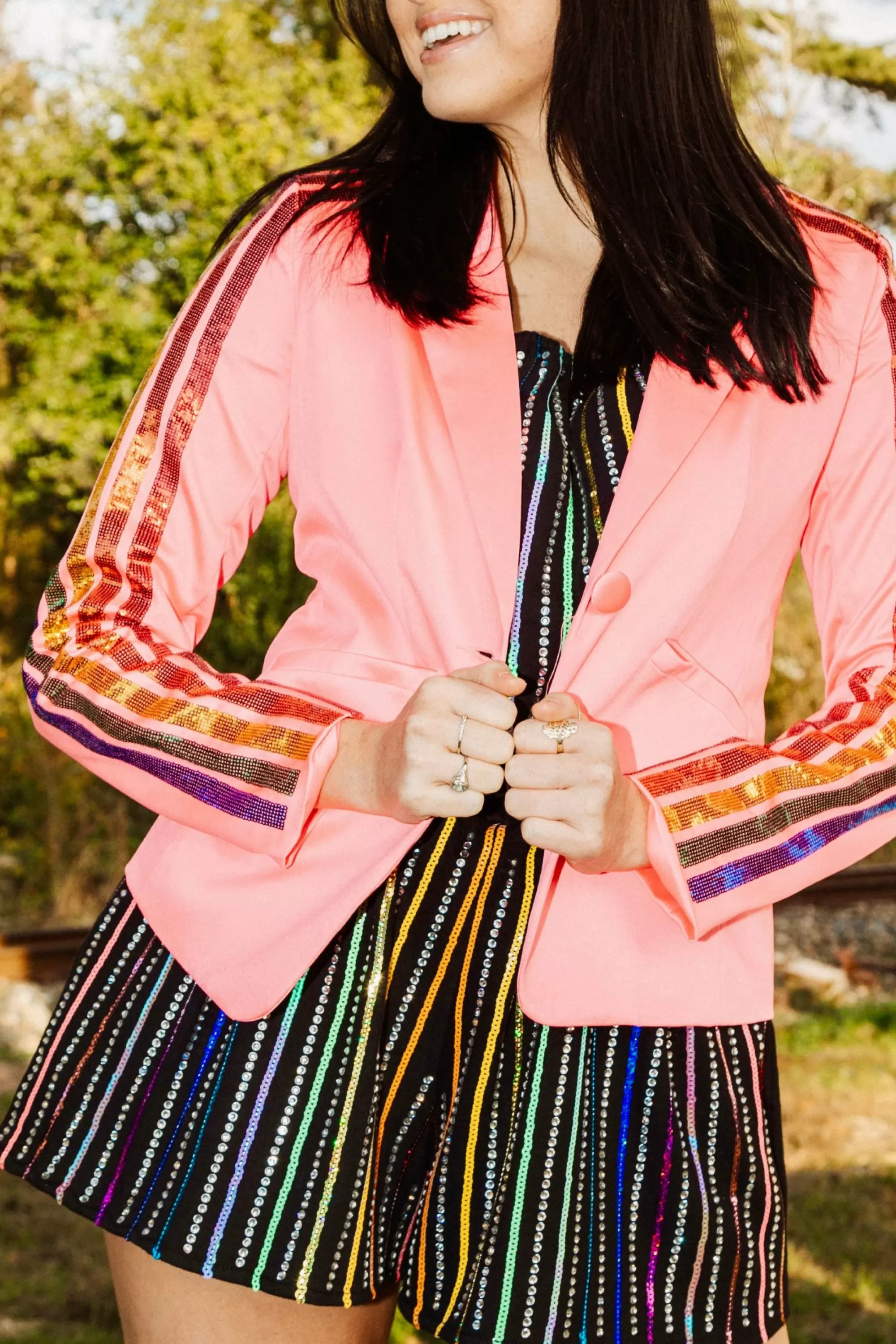 womens Queen Of Sparkles Neon Pink Sequin Sleeve Blazer