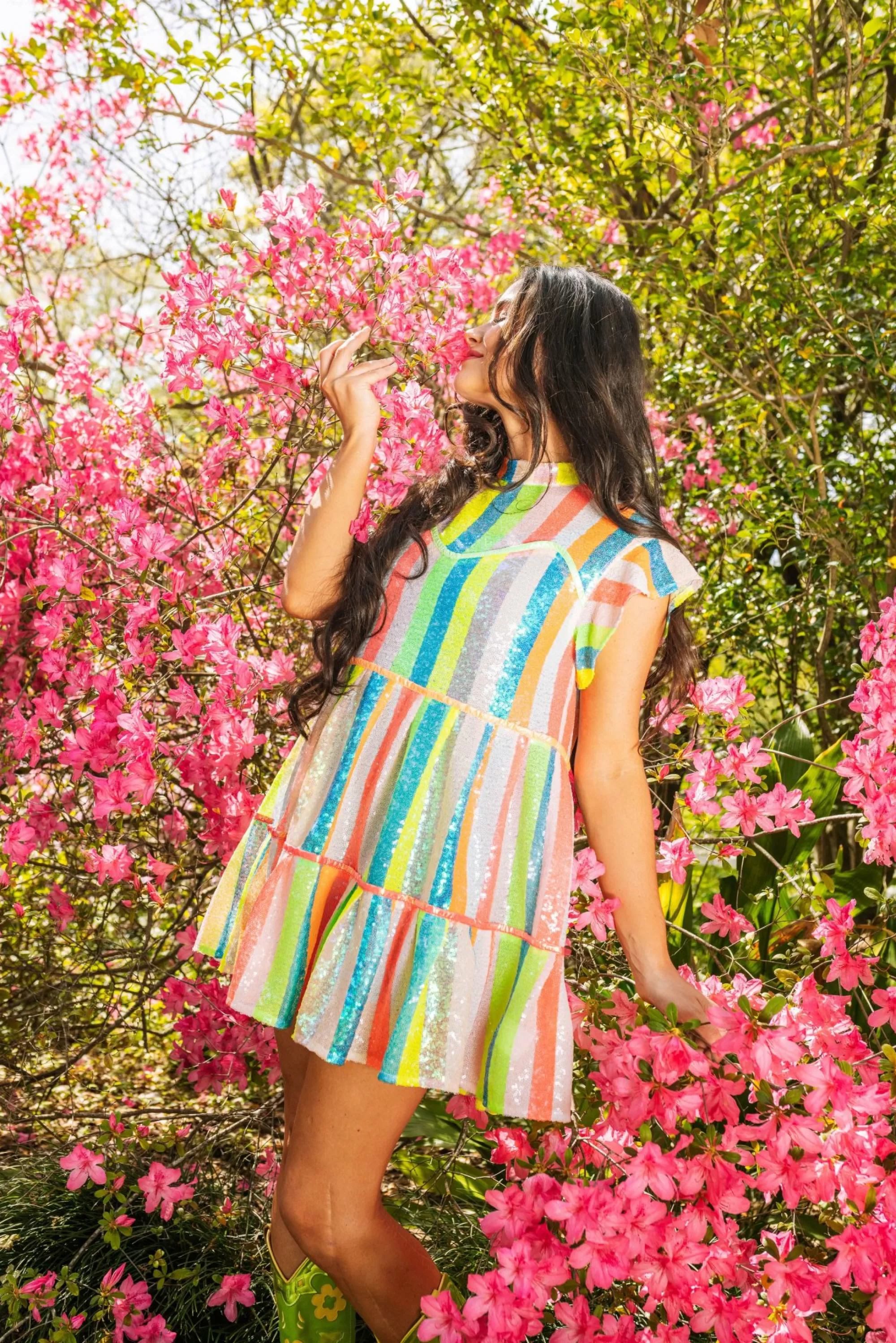 womens Queen Of Sparkles Neon Sequin Stripe Tiered Dress