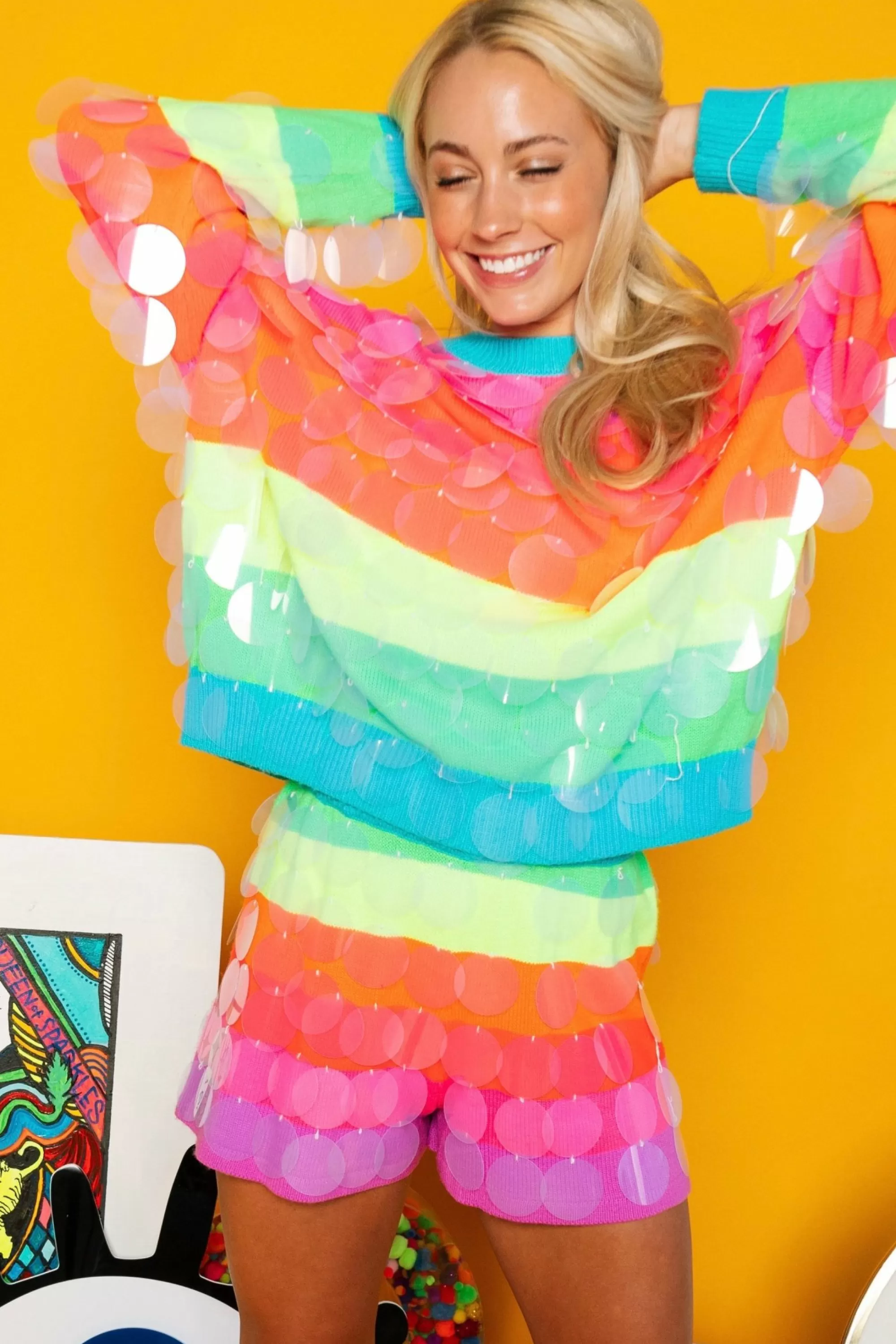 womens Queen Of Sparkles Neon Stripe Clear Sequin Short