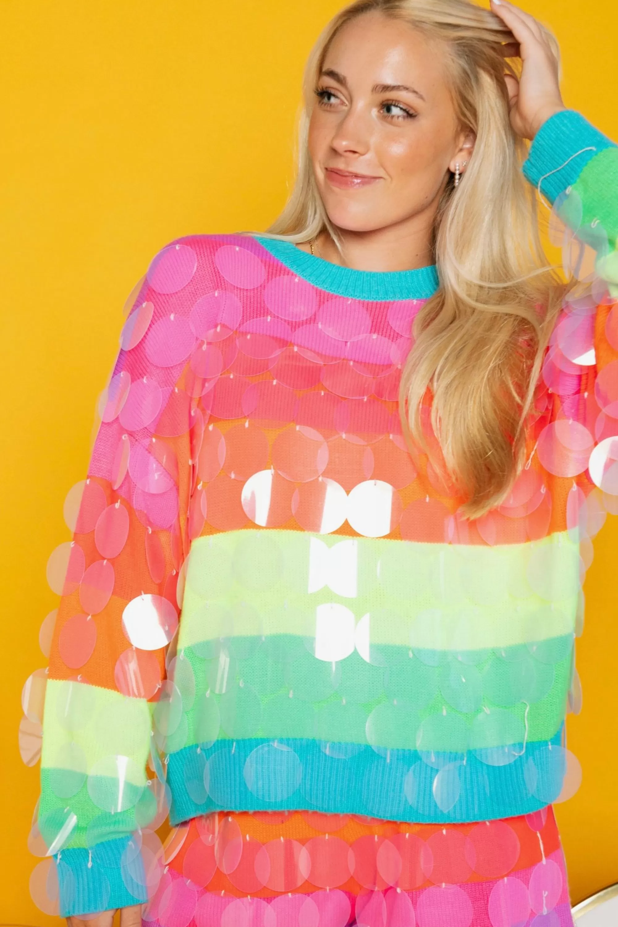 womens Queen Of Sparkles Neon Stripe Clear Sequin Sweater