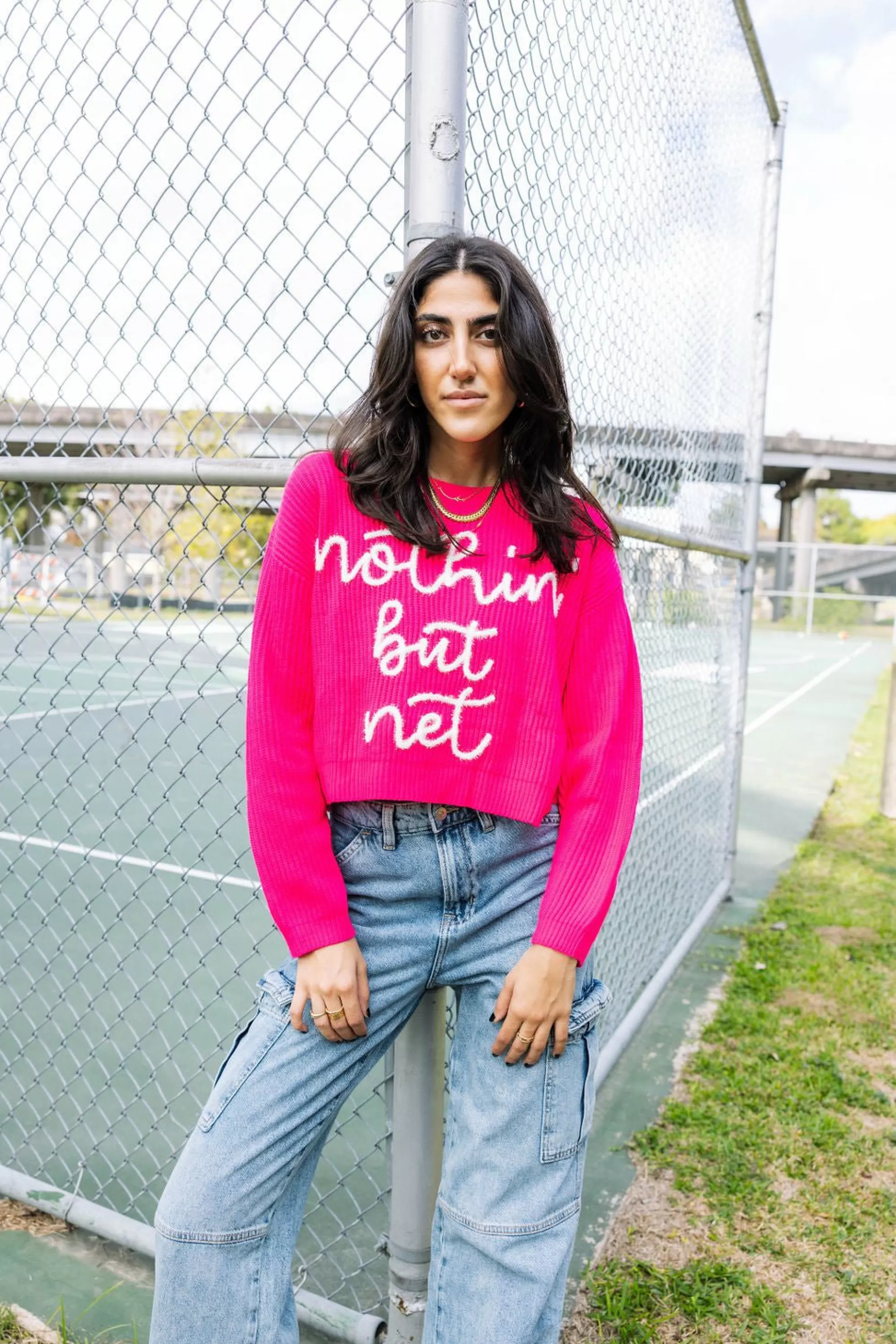 womens Queen Of Sparkles Nothin But Net' Glitter Script Sweater