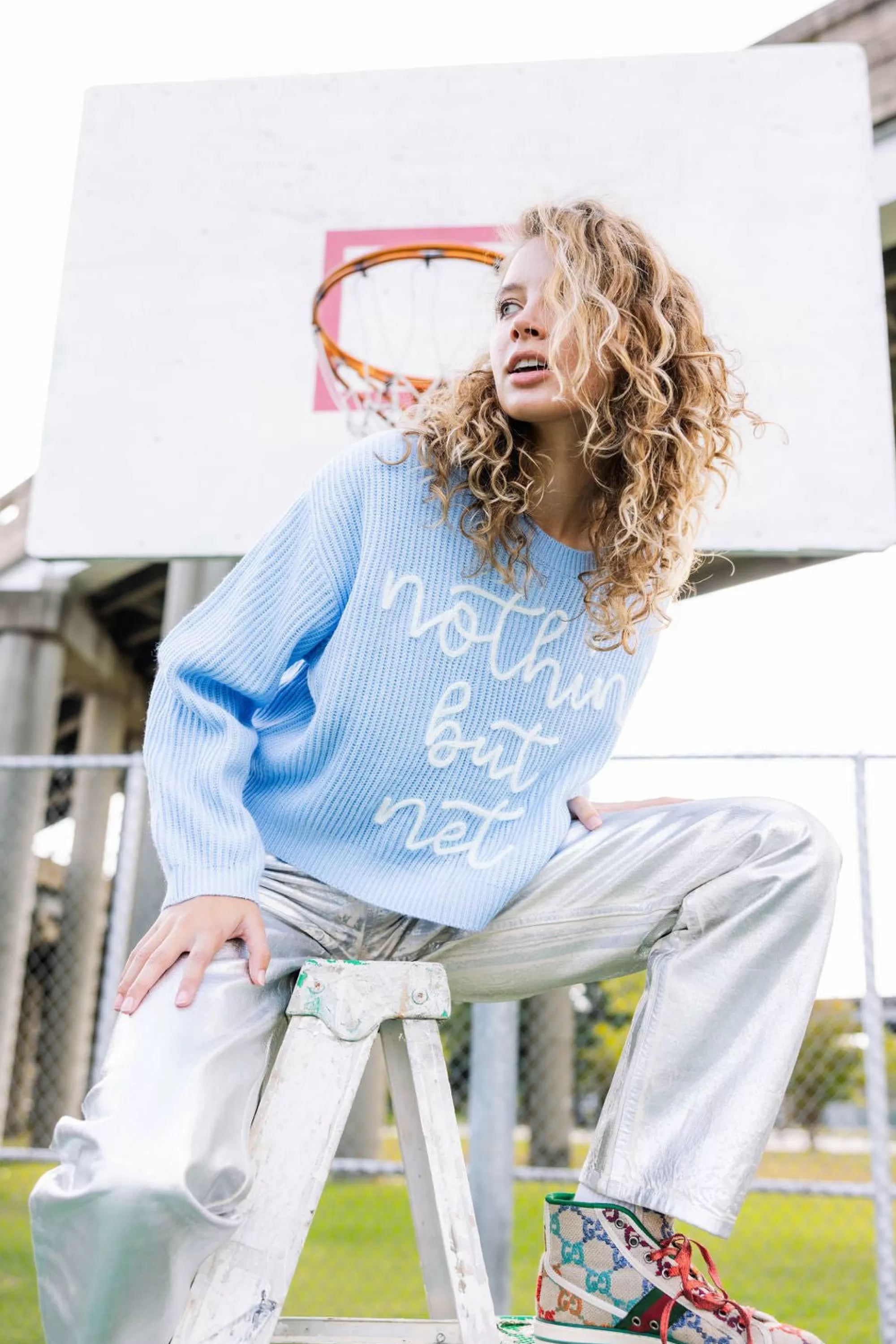 womens Queen Of Sparkles Nothin But Net' Glitter Script Sweater