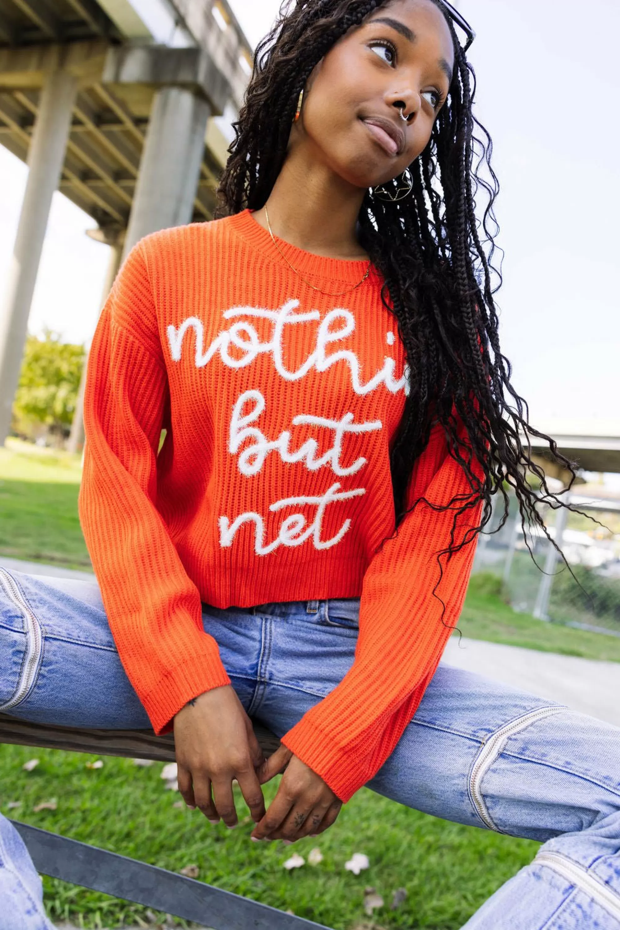 womens Queen Of Sparkles Nothin But Net' Glitter Script Sweater