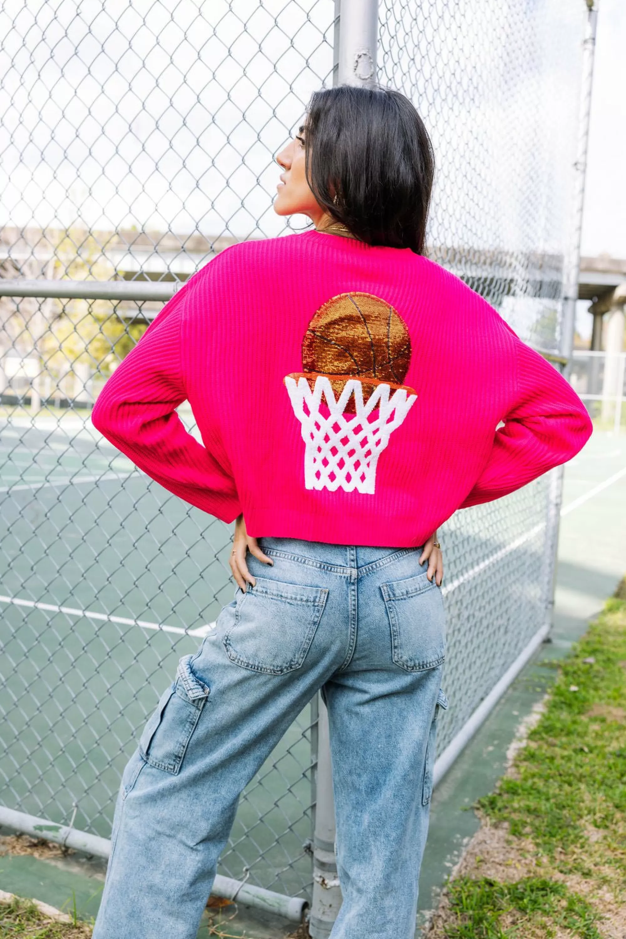 womens Queen Of Sparkles Nothin But Net' Glitter Script Sweater