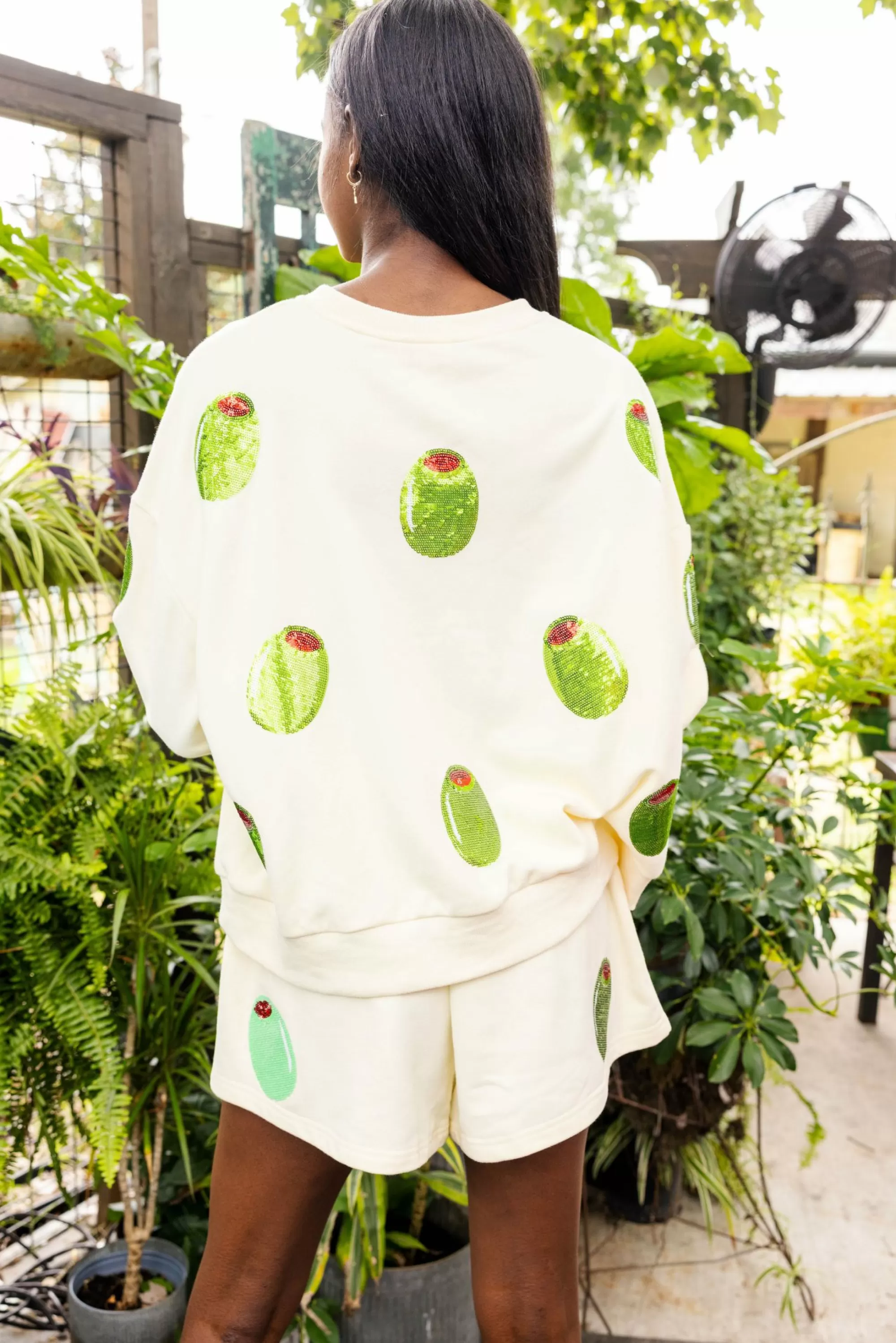 womens Queen Of Sparkles Olive All Over Sweatshirt