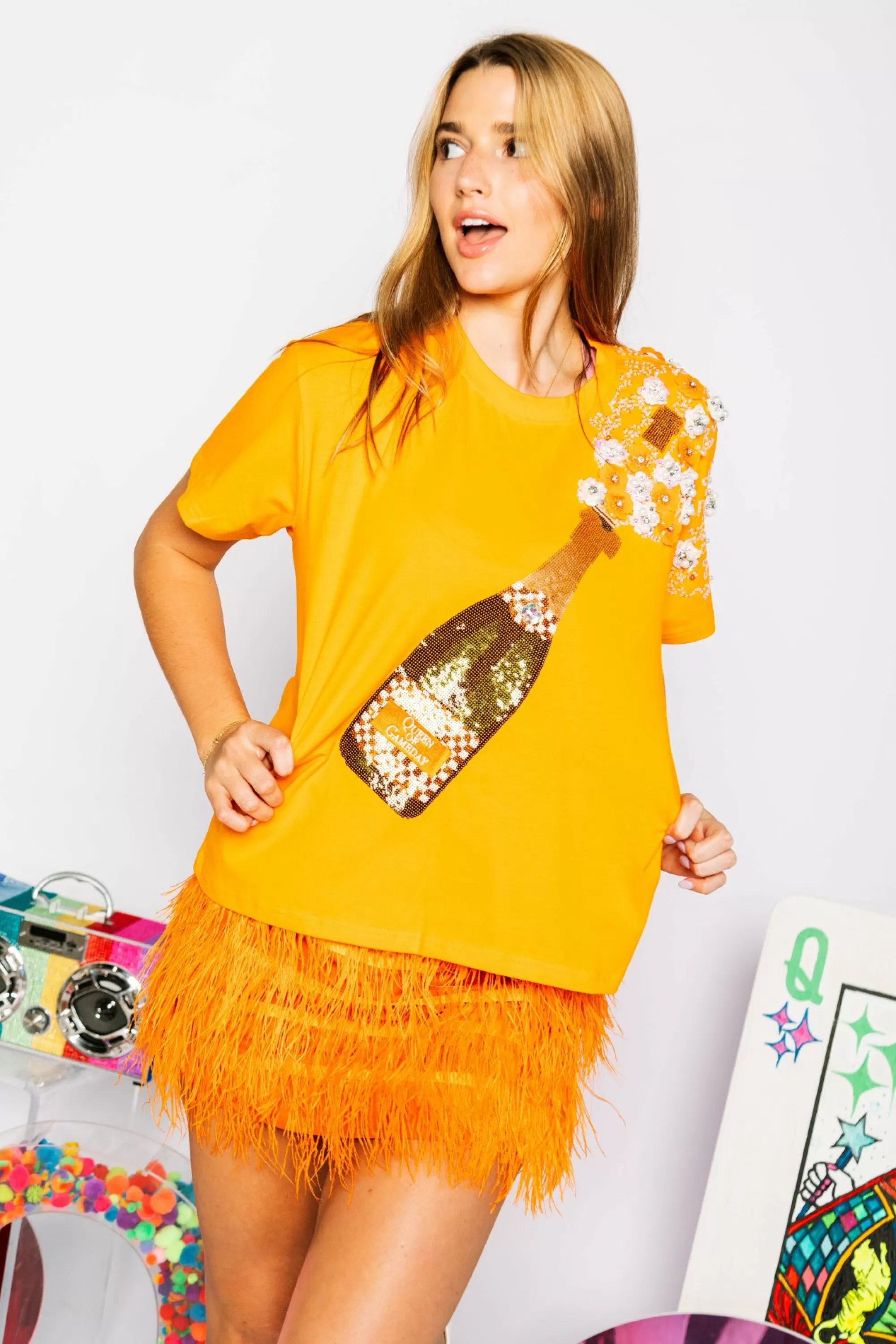 womens Queen Of Sparkles Orange & White Checkered Popping Cha Pagne Tee