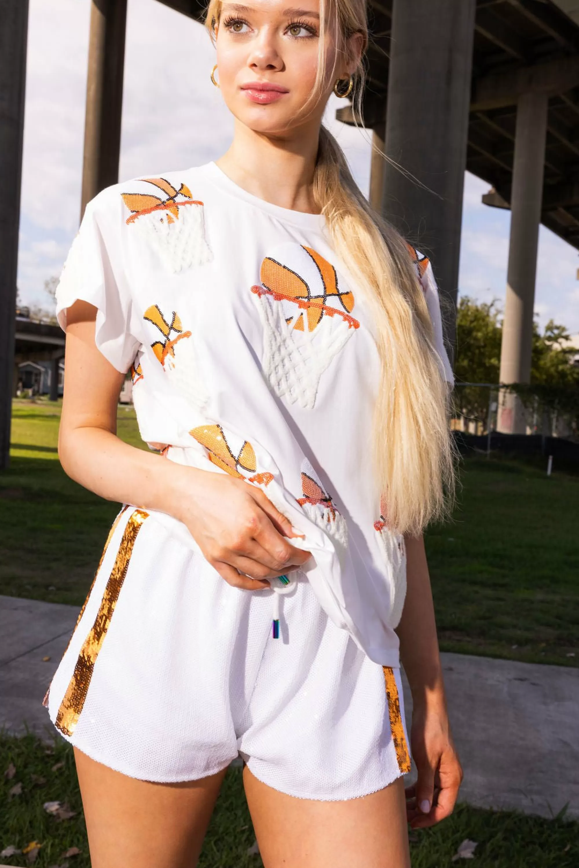 womens Queen Of Sparkles Orange Basketball Hoop Tee