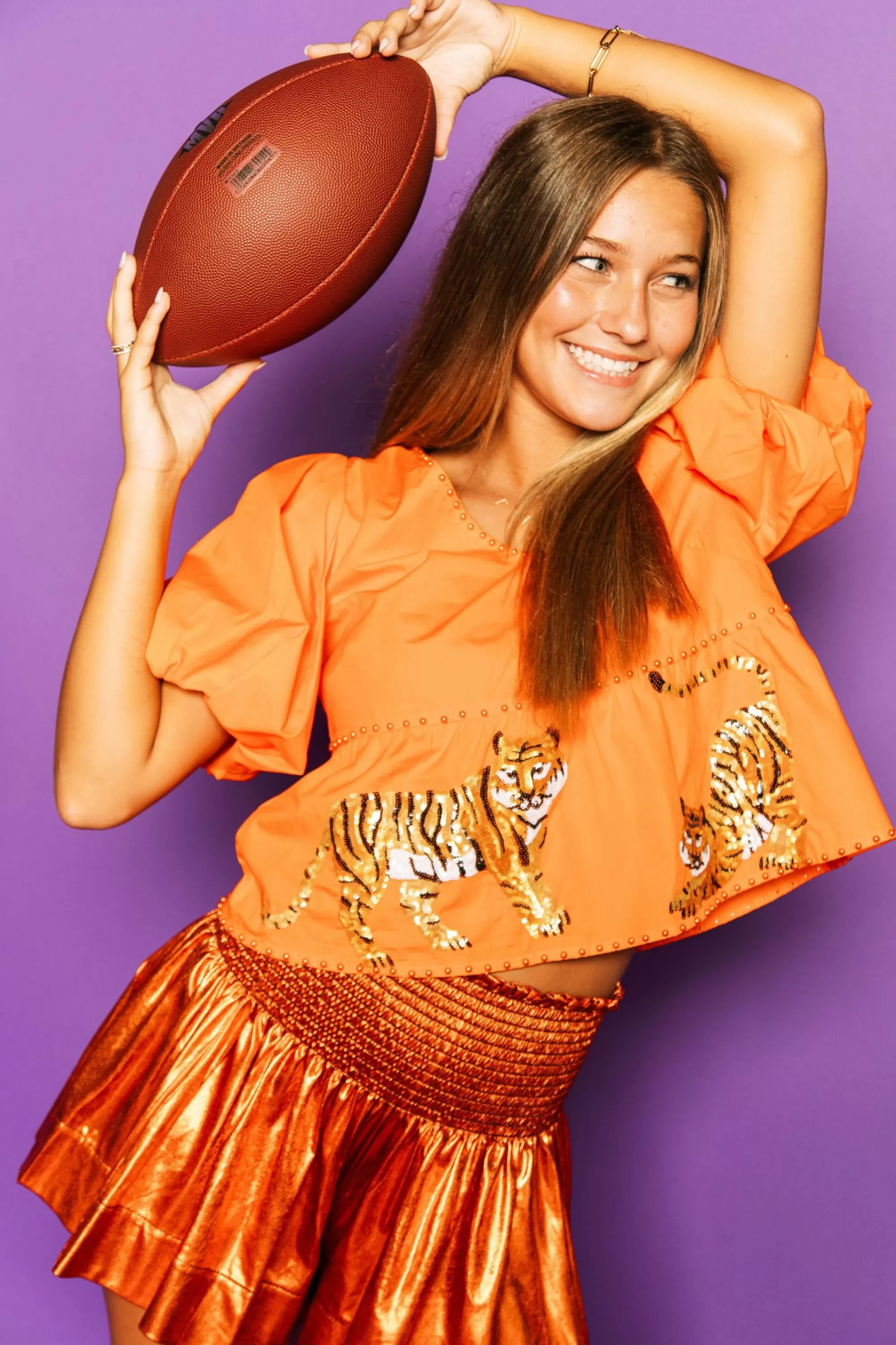 womens Queen Of Sparkles Orange Peplum Poof Sleeve Top With Tigers