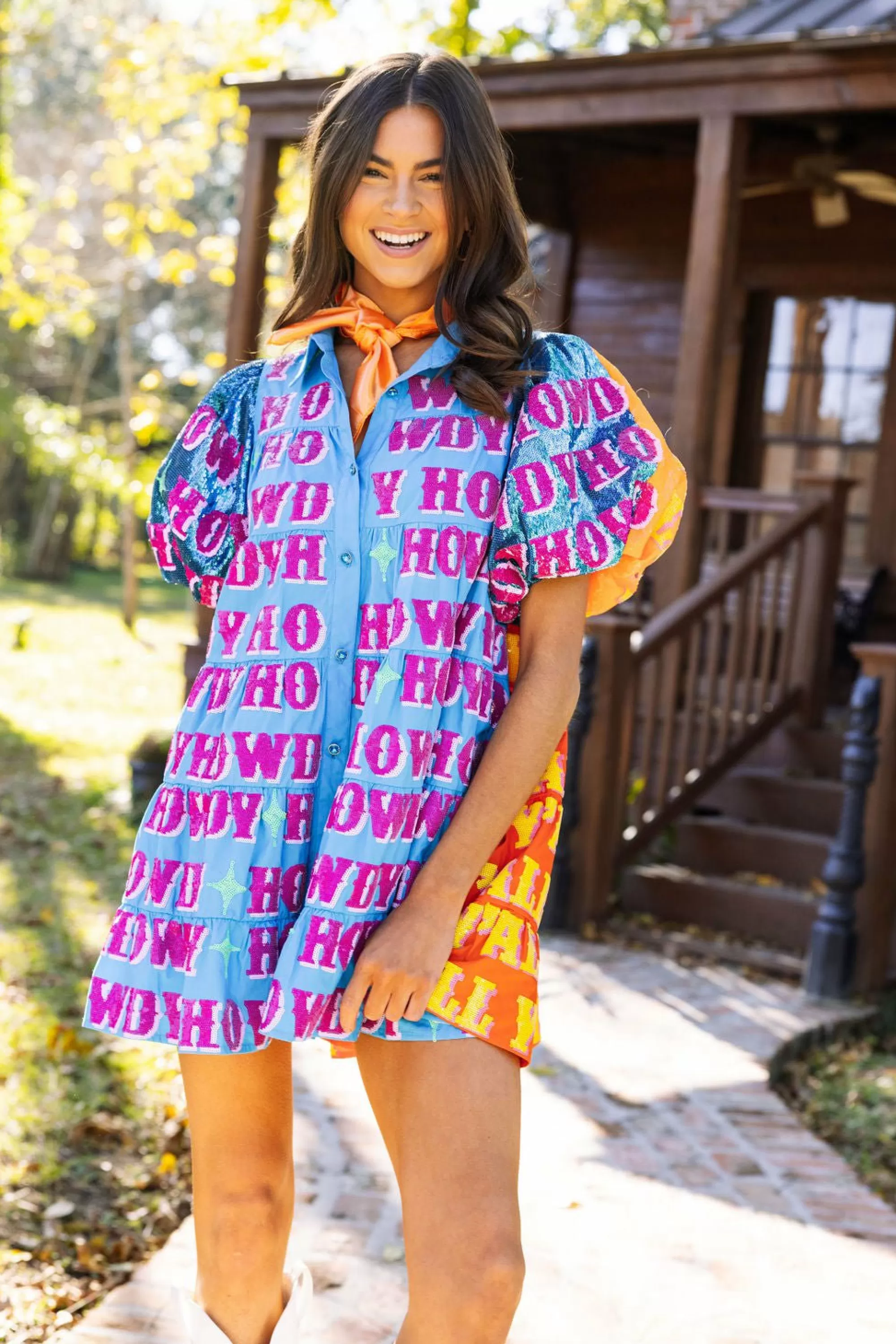 womens Queen Of Sparkles Orange Sequin Sleeve Howdy Tiered Dress