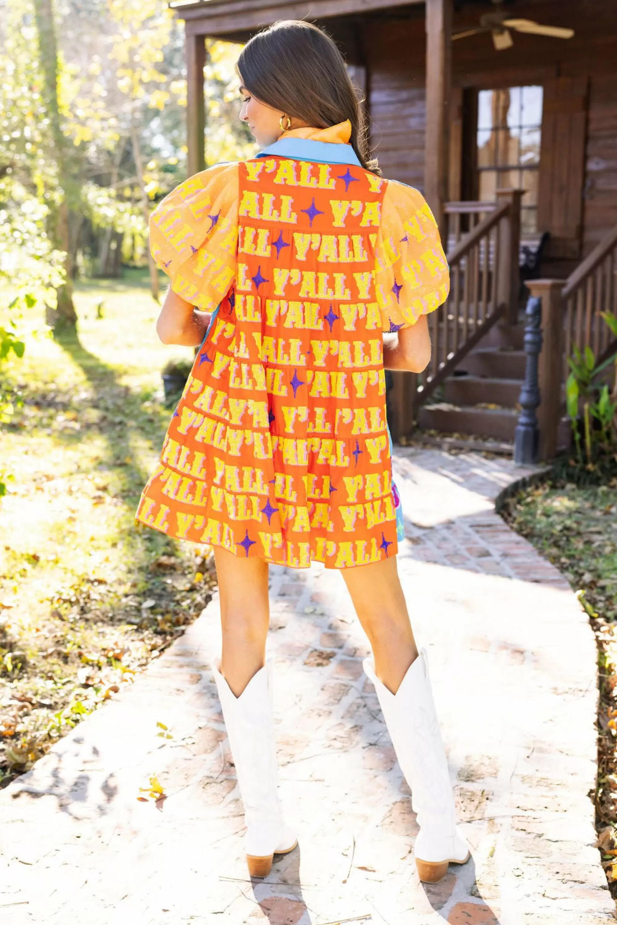 womens Queen Of Sparkles Orange Sequin Sleeve Howdy Tiered Dress