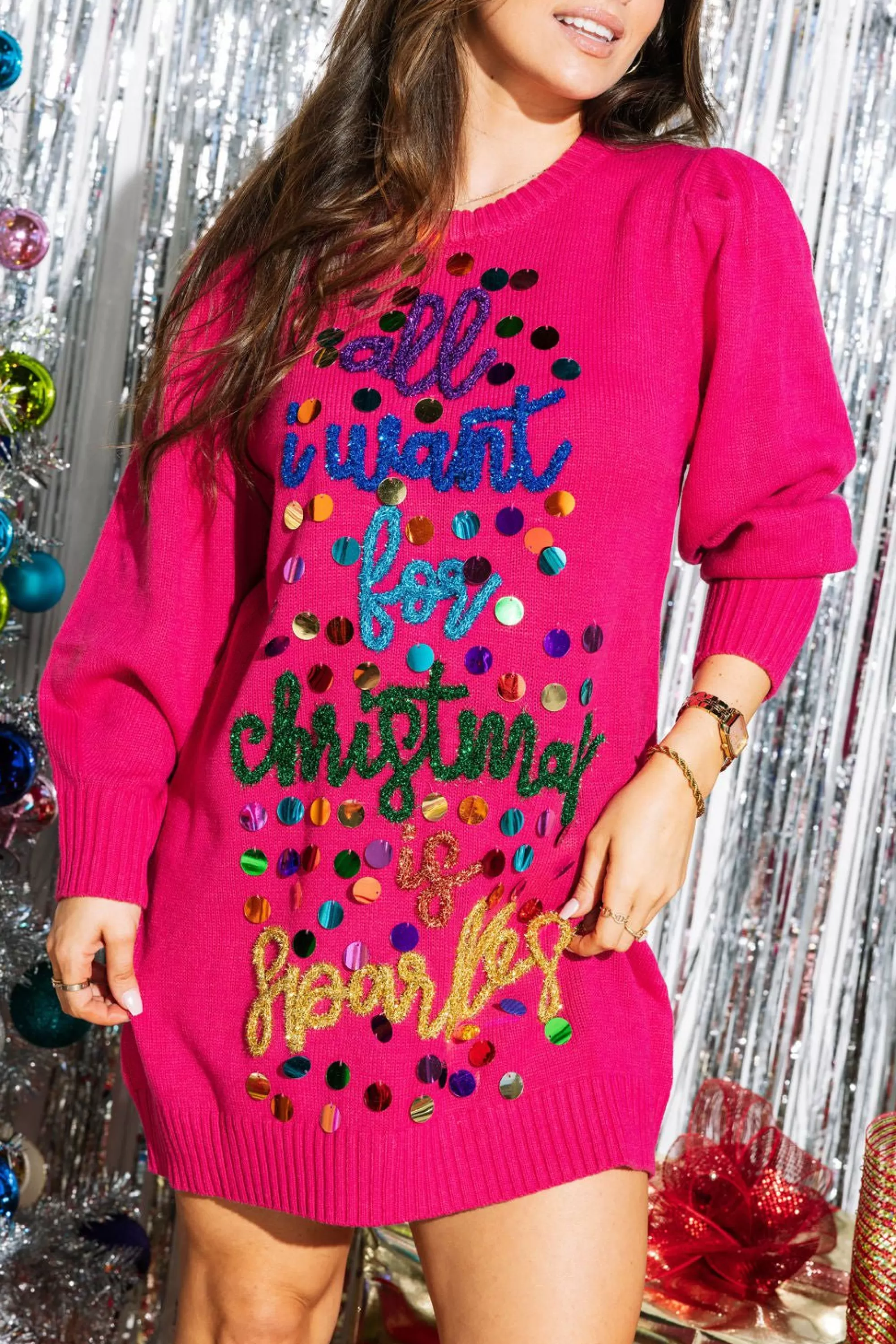 womens Queen Of Sparkles Pailette 'All I Want For Christmas Is Sparkles' Sweater Dress