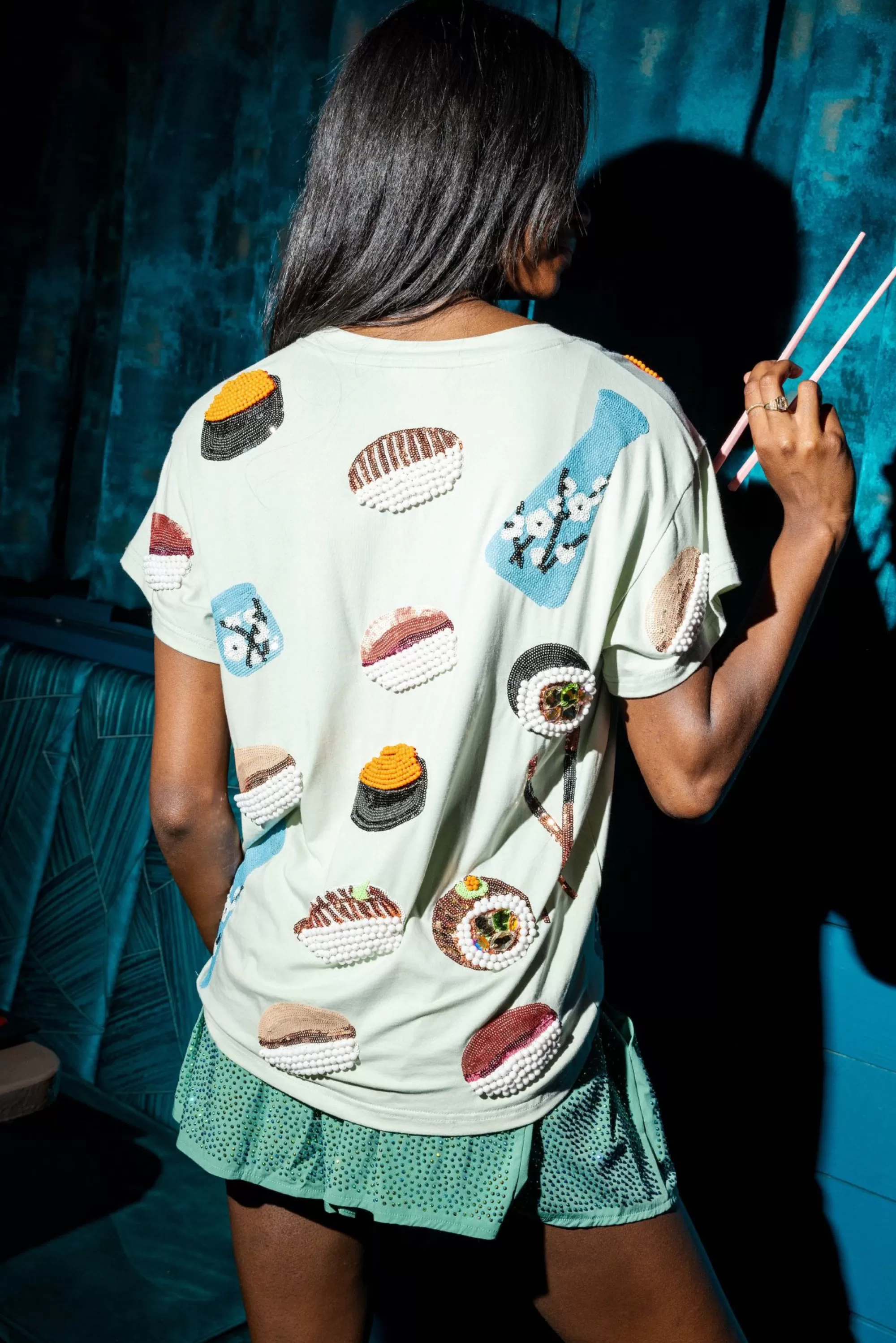 womens Queen Of Sparkles Pale Green Sushi Tee