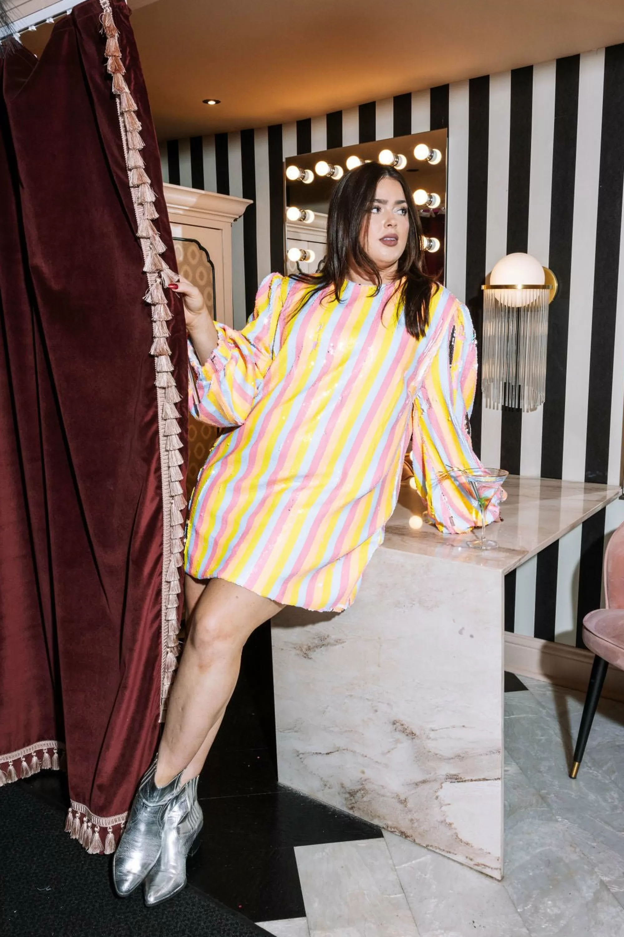 womens Queen Of Sparkles Pastel Sequin Stripe Long Sleeve Dress