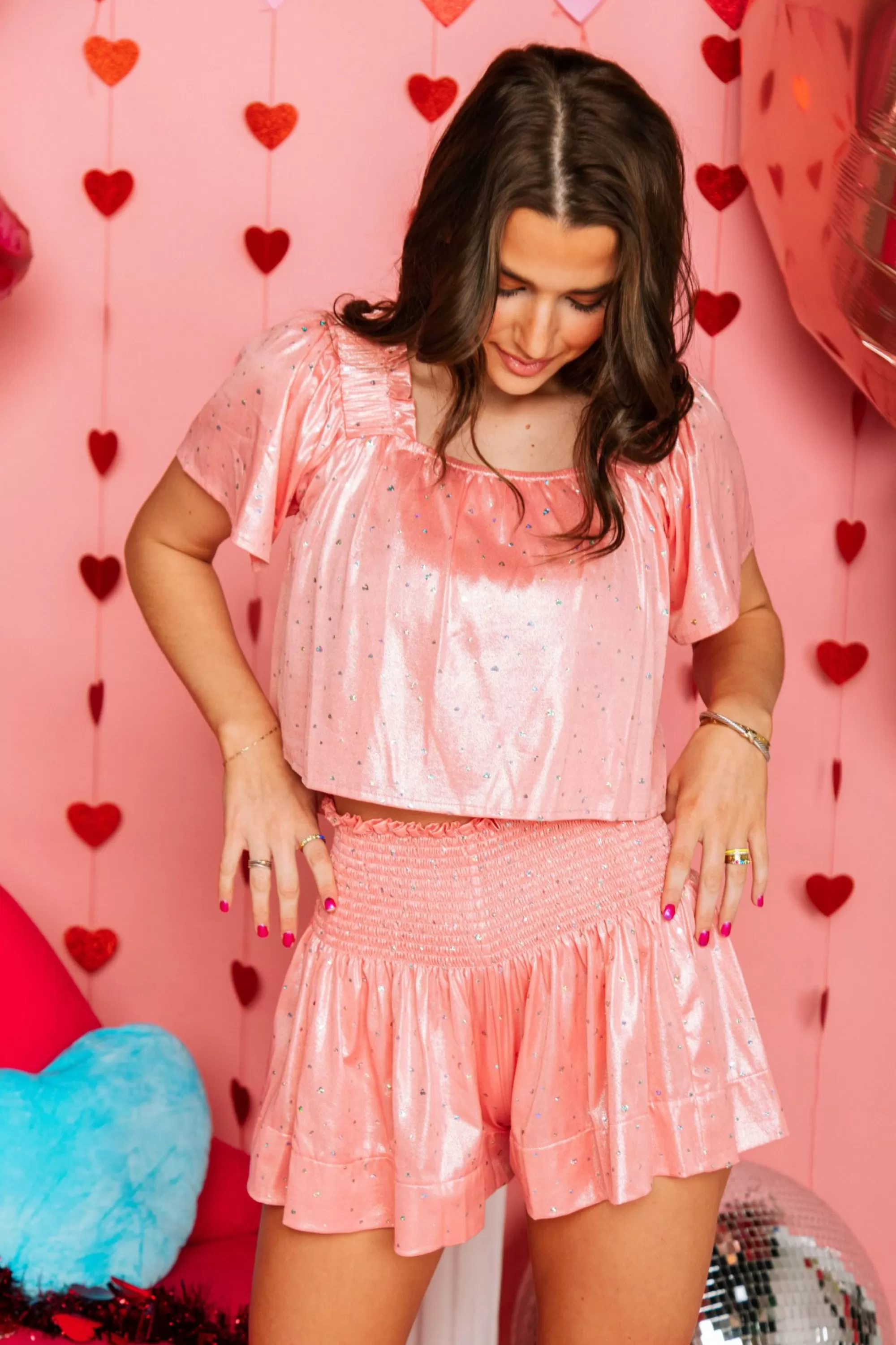 womens Queen Of Sparkles Peach Glitter Hearts Shorts