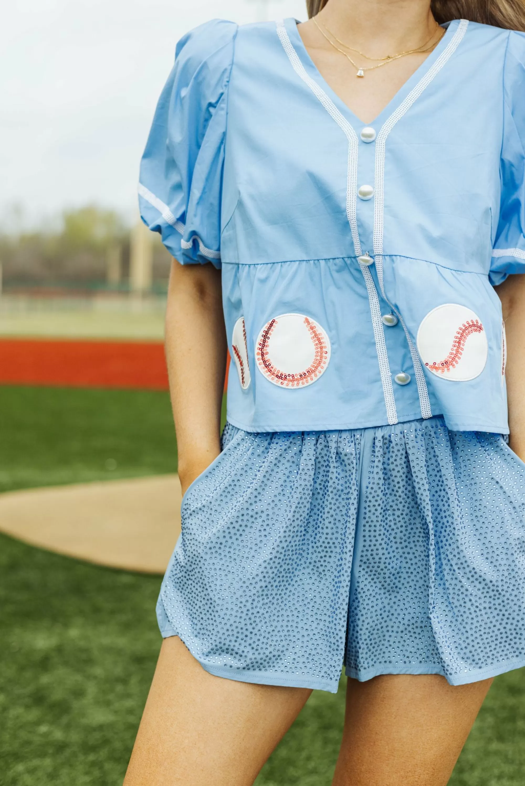 womens Queen Of Sparkles Peplum Baseball Top