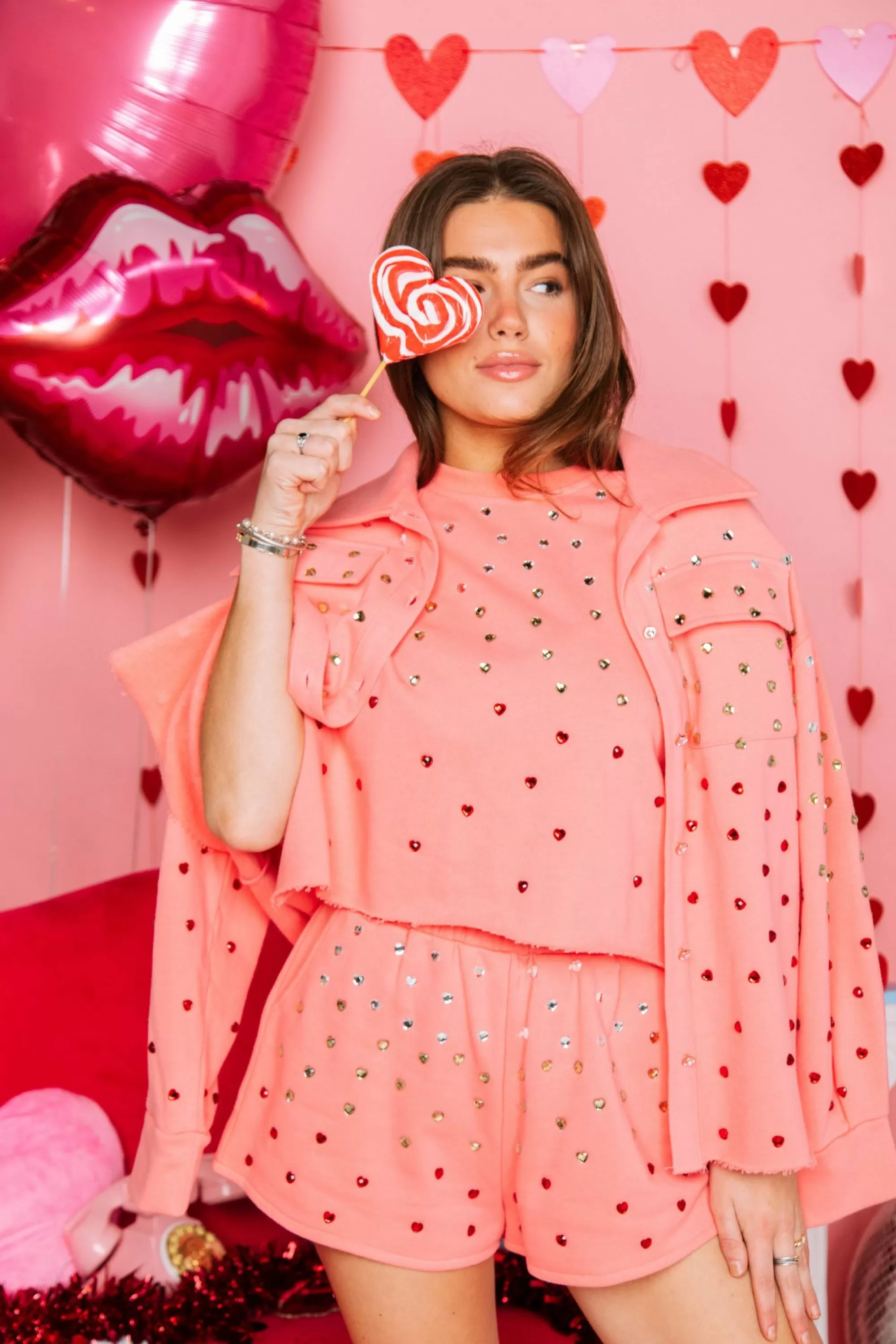 womens Queen Of Sparkles Pink Heart Jewel Poof Sleeve Top