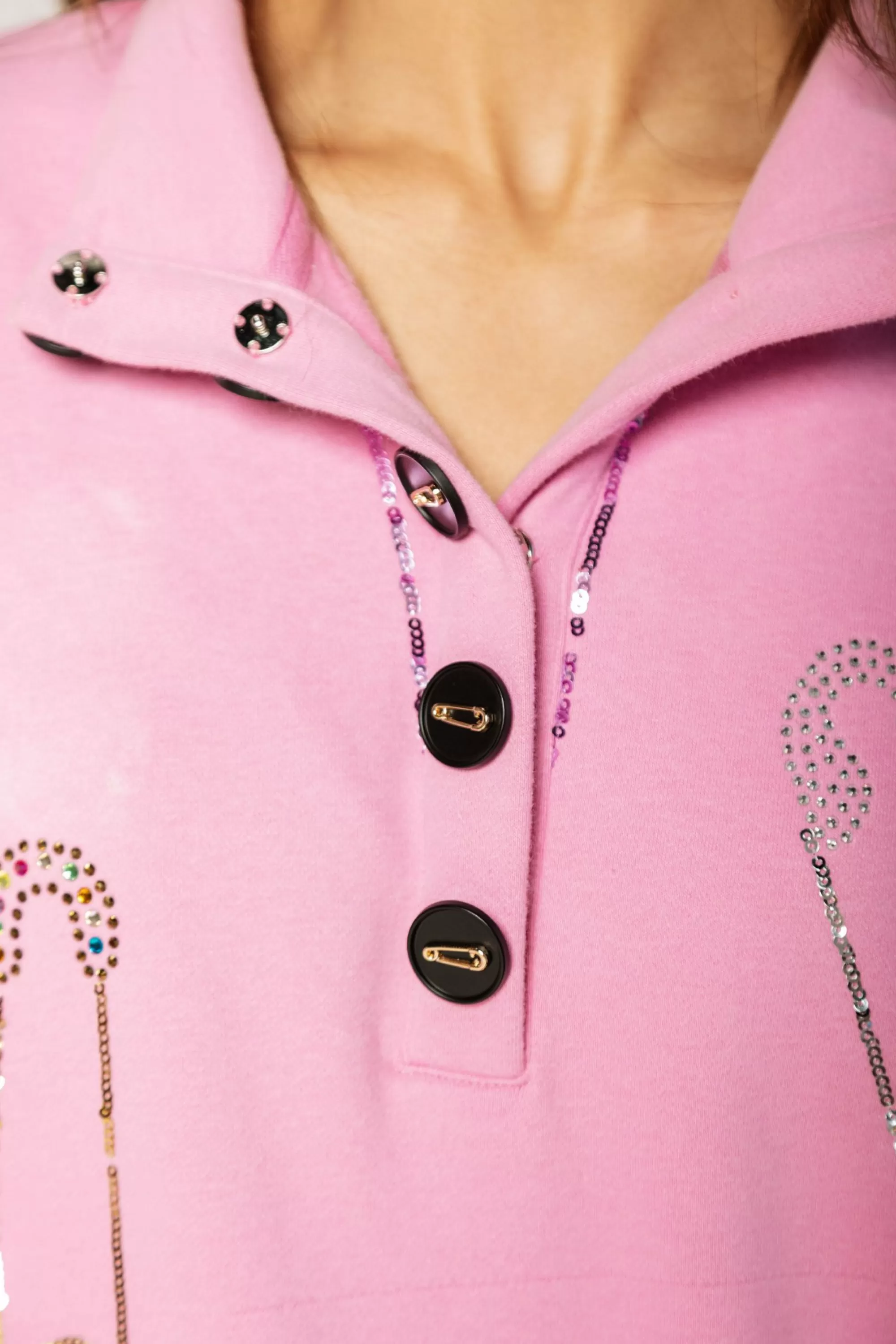 womens Queen Of Sparkles Pink Safety Pin Henley Sweatshirt